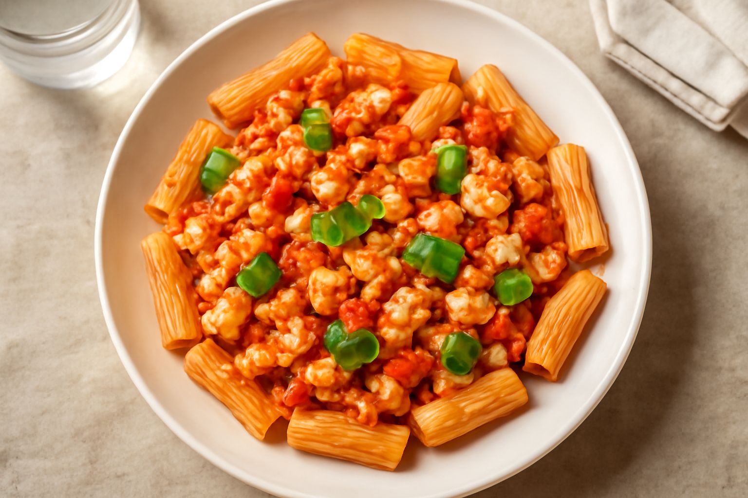 Piatto bianco con pasta rigatoni fredda condita con ragù di pesce, pomodori rossi visibili, olio luccicante, pezzi di pesce bianco, basilico fresco verde sulla superficie, sfondo neutro