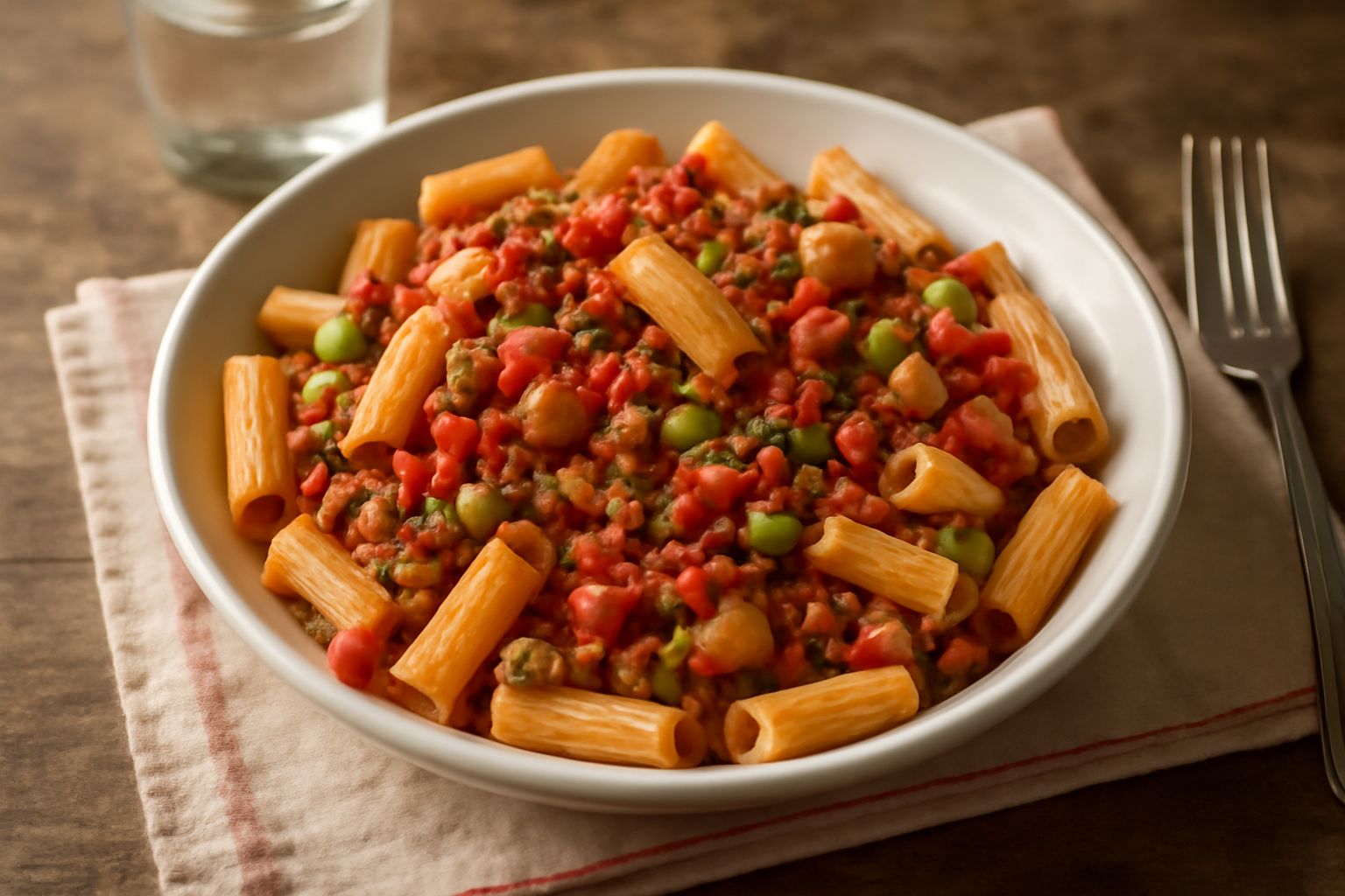 Piatto di pasta penne fredda ripiena di ragù marrone scuro con dadini di pomodoro rosso, carota arancione e sedano, spolverata di parmigiano bianco, servita in una ciotola bianca con contorno di fogli