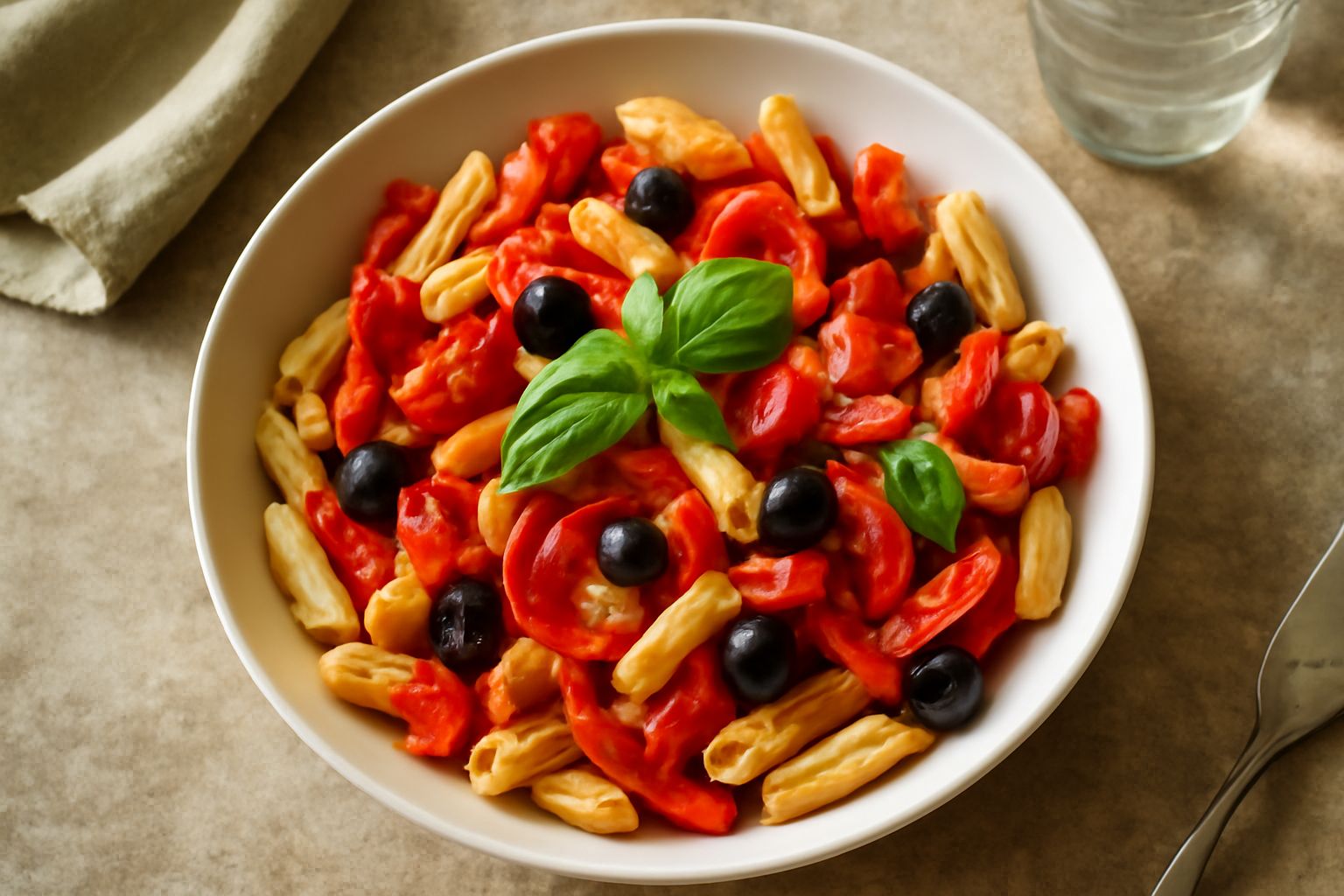 Piatto di pasta fredda condita con peperoni rossi tagliati a listarelle, pomodori a cubetti, olive nere intere, basilico fresco verde, in una ciotola bianca, con un filo di olio dorato visibile, servi