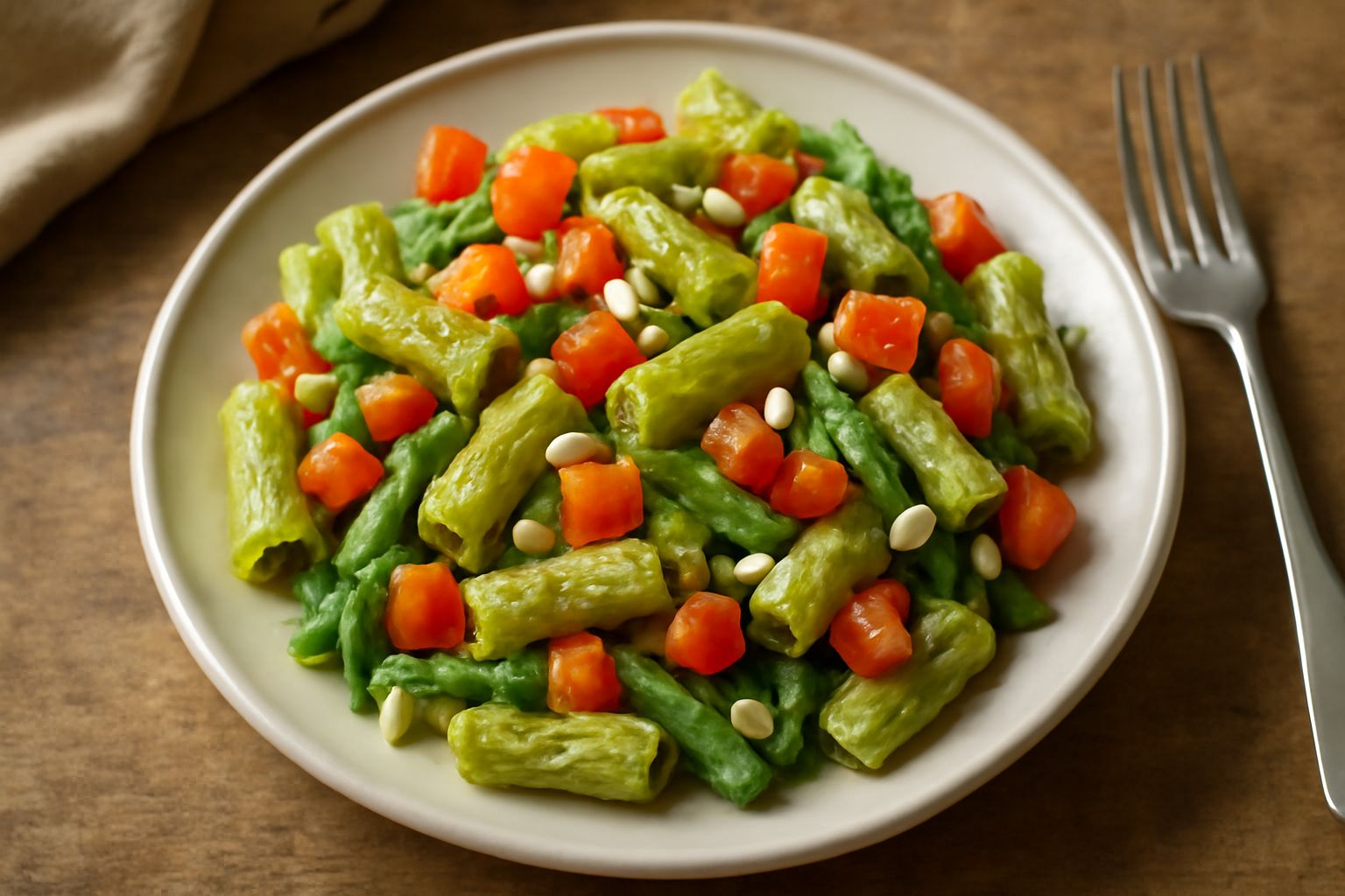 Piatto bianco con pasta fredda alla genovese: fusilli o trofie ricoperti di pesto verde brillante, pezzetti di pomodori rossi, fagiolini verdi, olive nere e un filo di olio d'oliva in superficie