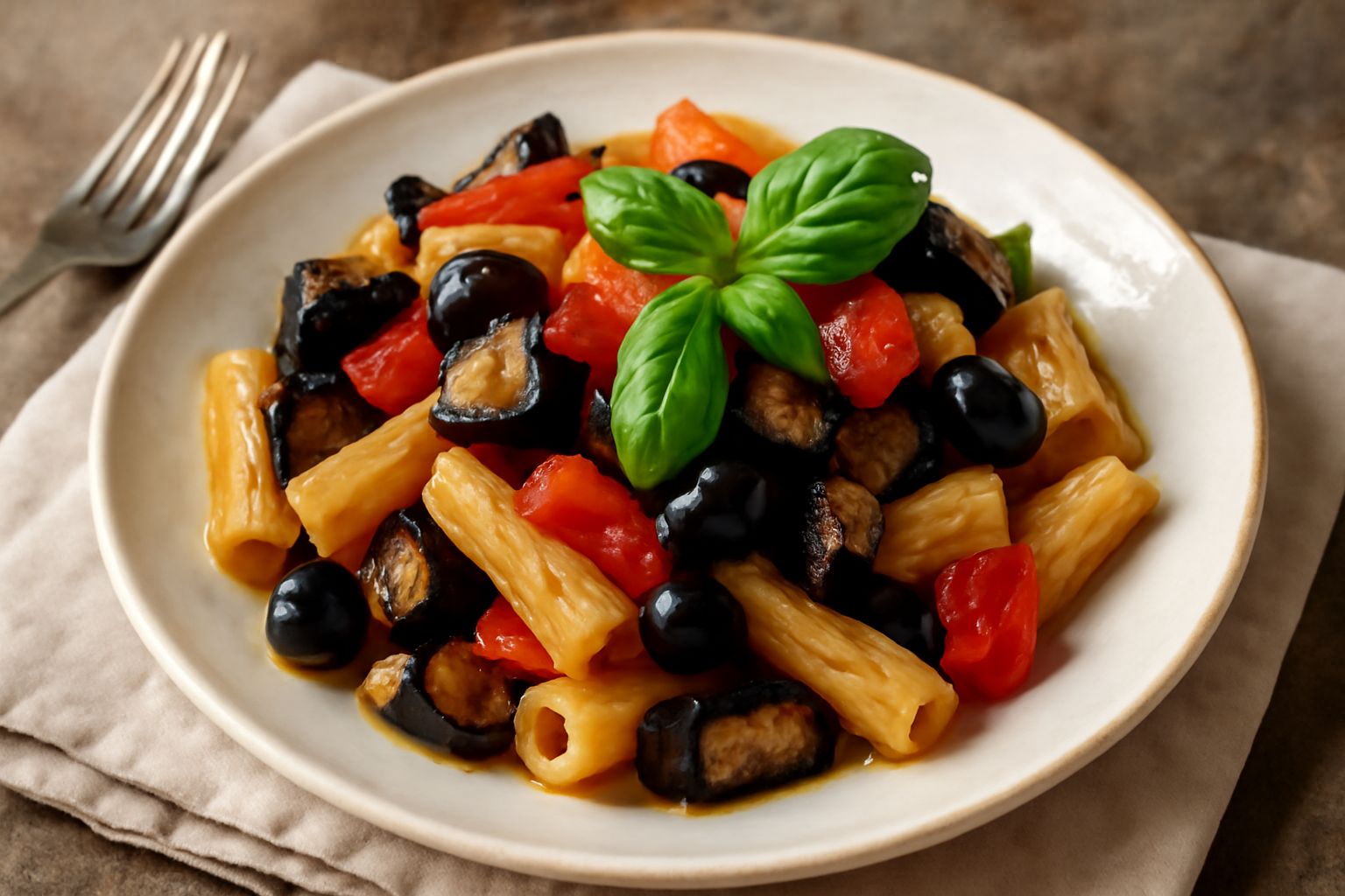 Piatto bianco con pasta fredda rigatoni, melanzane fritte viola scuro, pomodori rossi a dadini, foglie di basilico verde e olive nere, condimento lucido di olio extra vergine, servito su tavolo di leg