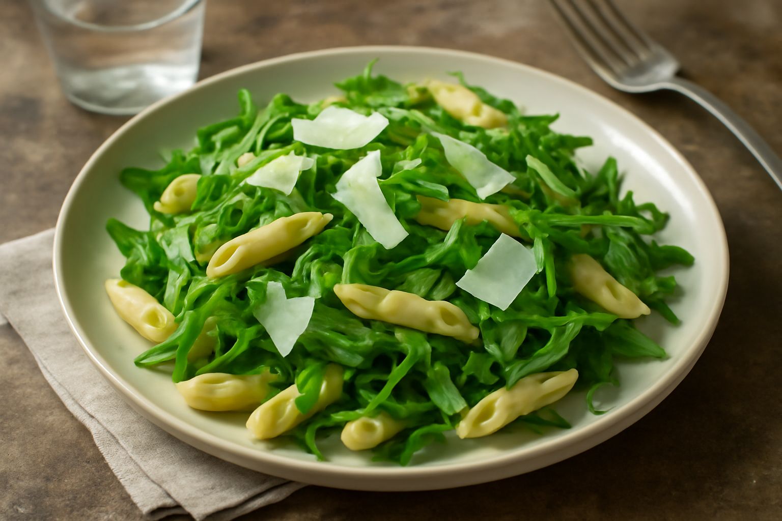 Ciotola di pasta corta bianca mista a foglie di rucola verde scuro, con scaglie di parmigiano bianche e gocce di olio dorato, impiattamento semplice su tavolo di legno chiaro