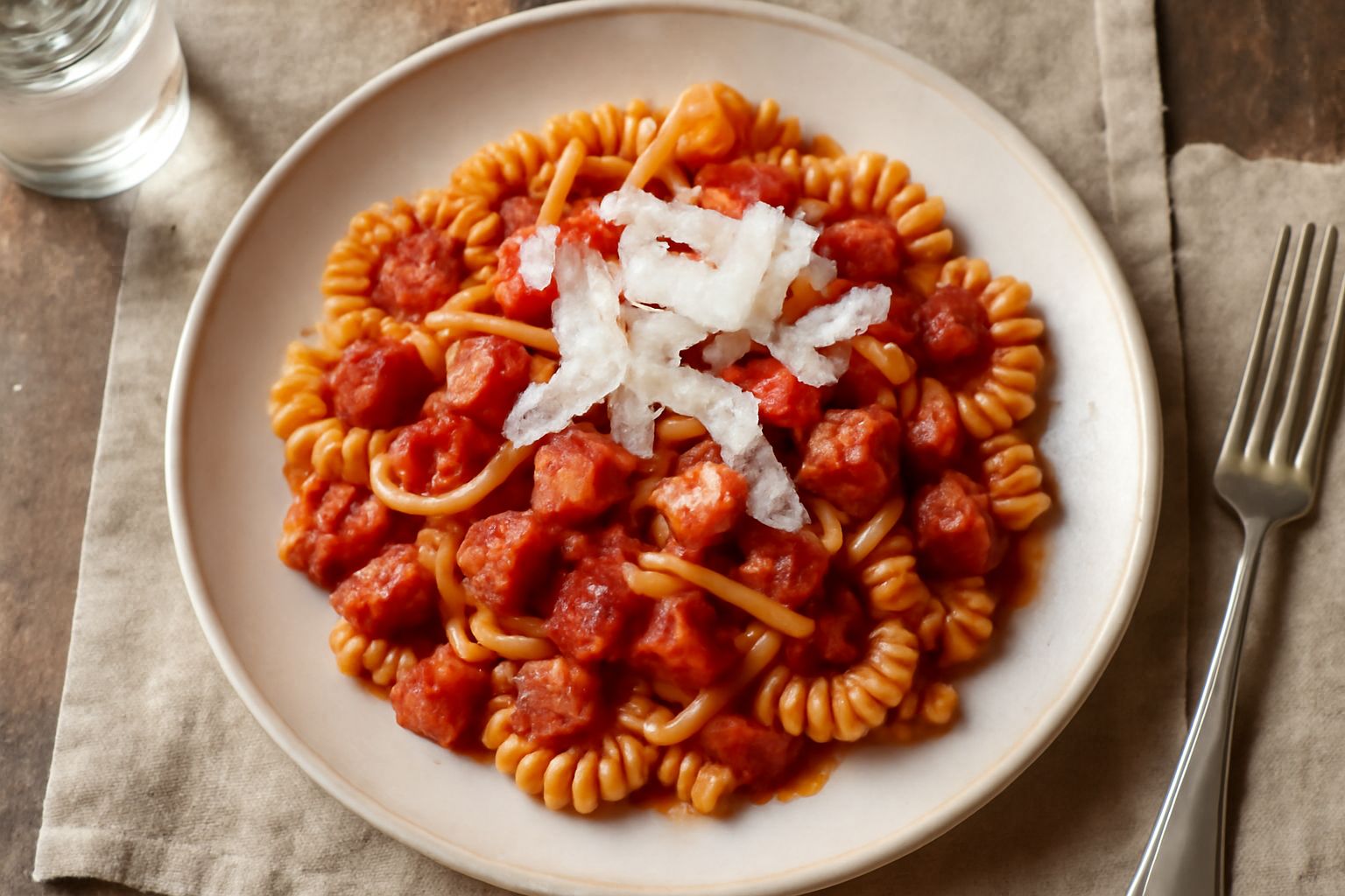 Piatto bianco con pasta alla chitarra fredda condita con pomodori rossi, cubetti di guanciale croccante e scaglie di pecorino romano, decorato con qualche foglia di prezzemolo fresco