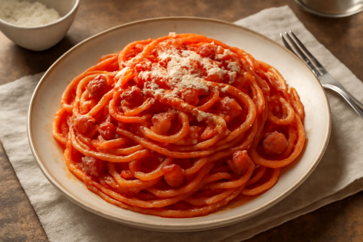 Piatto bianco con pasta fredda condita, pomodori rossi brillanti, pezzetti di guanciale croccante e pecorino grattuggiato in superficie, con basilico fresco a lato