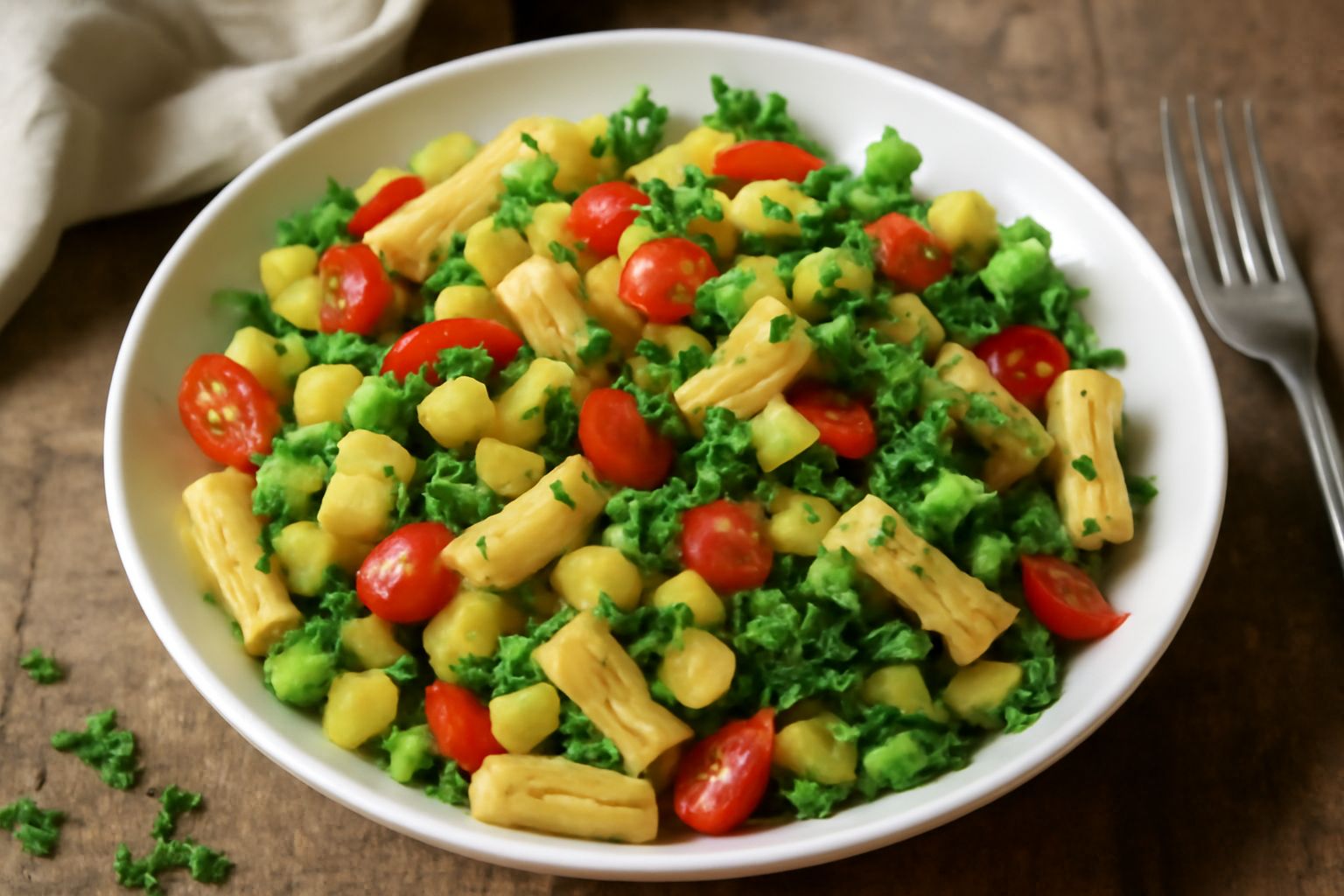 Ciotola di pasta penne fredda condita con cubetti di pomodori, zucchine gialle e verdi, peperoni rossi, carote grattugiate, olive nere e prezzemolo fresco, filetto di olio d'oliva lucente sulla superf