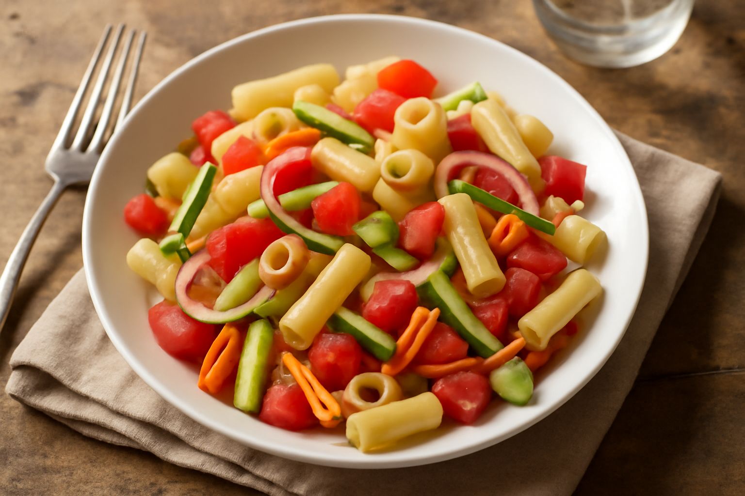 Piatto di ceramica bianca con pasta fredda gialla e verdure tagliate finemente: pomodori rossi, cetrioli verdi, carote arancioni, cipolla bianca, tutto mescolato e condito di olio, con foglie di basil