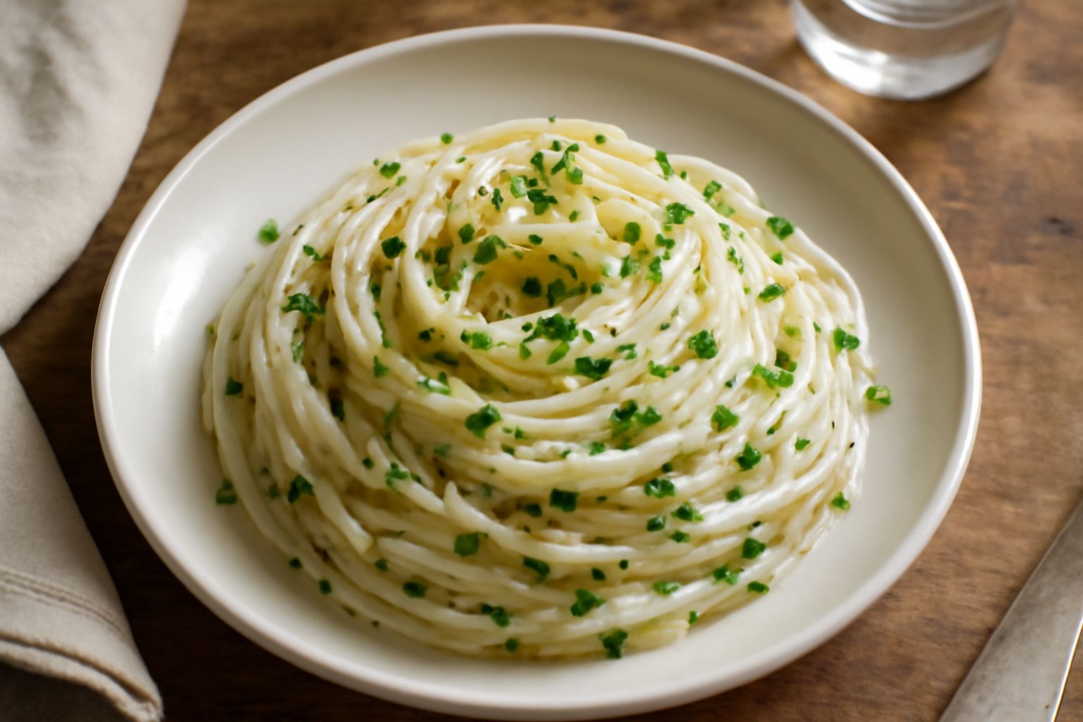 Piatto di pasta fredda biancastra con piccoli frammenti di aglio fresco, prezzemolo verde brillante sparso in superficie, filo d'olio lucido che brilla, servita in un piatto bianco con contorno di bas