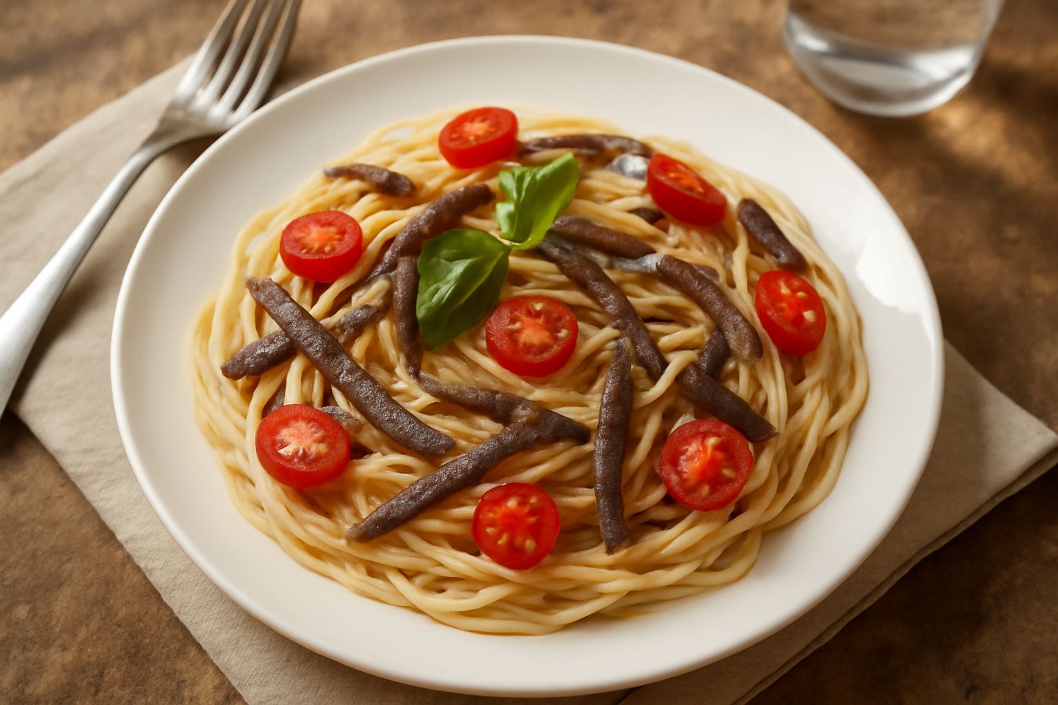 Un piatto bianco con pasta fredda condita con acciughe, pomodorini rossi brillanti, foglie di basilico verde scuro e un filo di olio d'oliva lucido, servito su tavolo di legno chiaro