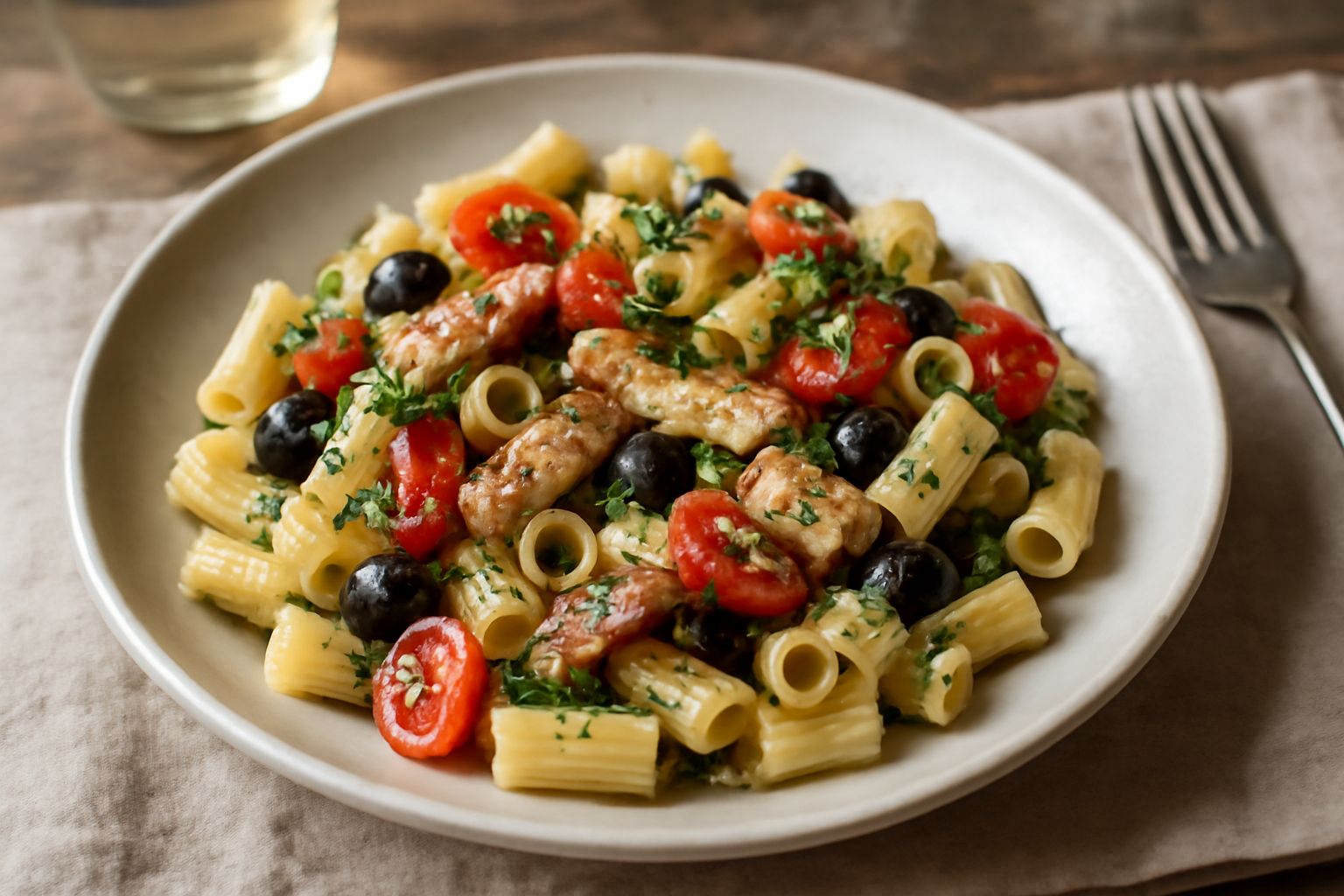 Piatto bianco con pasta penne fredda, pezzetti di sardine dorate, pomodorini rossi tagliati a metà, olive nere, prezzemolo fresco tritato e un filo d'olio d'oliva lucido