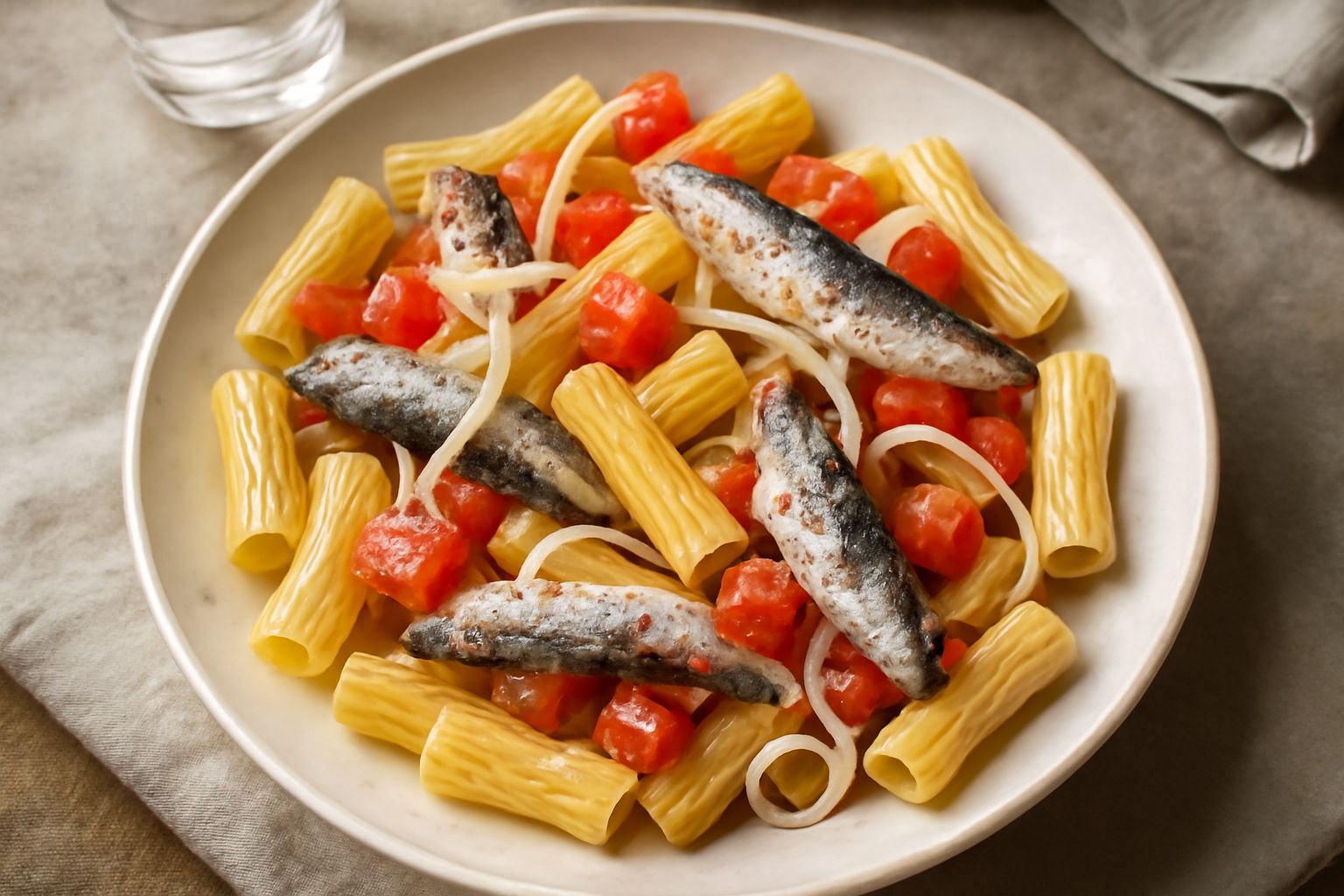 Piatto di pasta fredda con sardine, pomodori rossi a dadini, cipolla bianca affettata sottile, tutto condito con olio d'oliva, servito su un piatto bianco con bordo azzurro