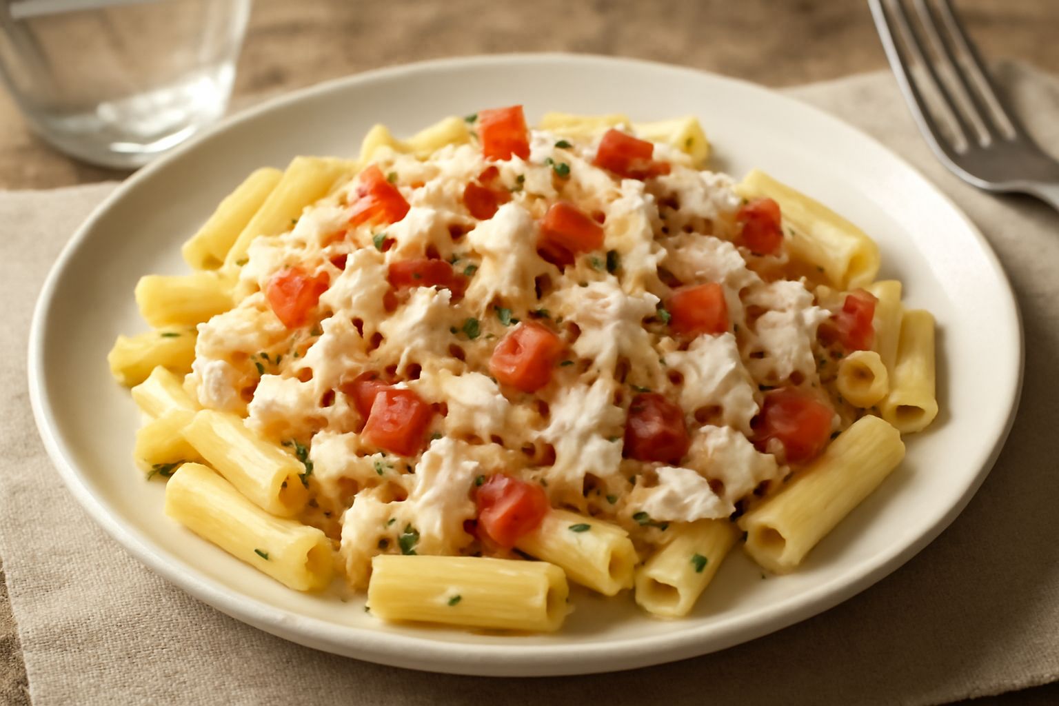 Piatto bianco con pasta fredda rigatoni e carne di granchio bianca, pomodori rossi a dadini, prezzemolo verde fresco, filo d'olio dorato, limone affettato a lato