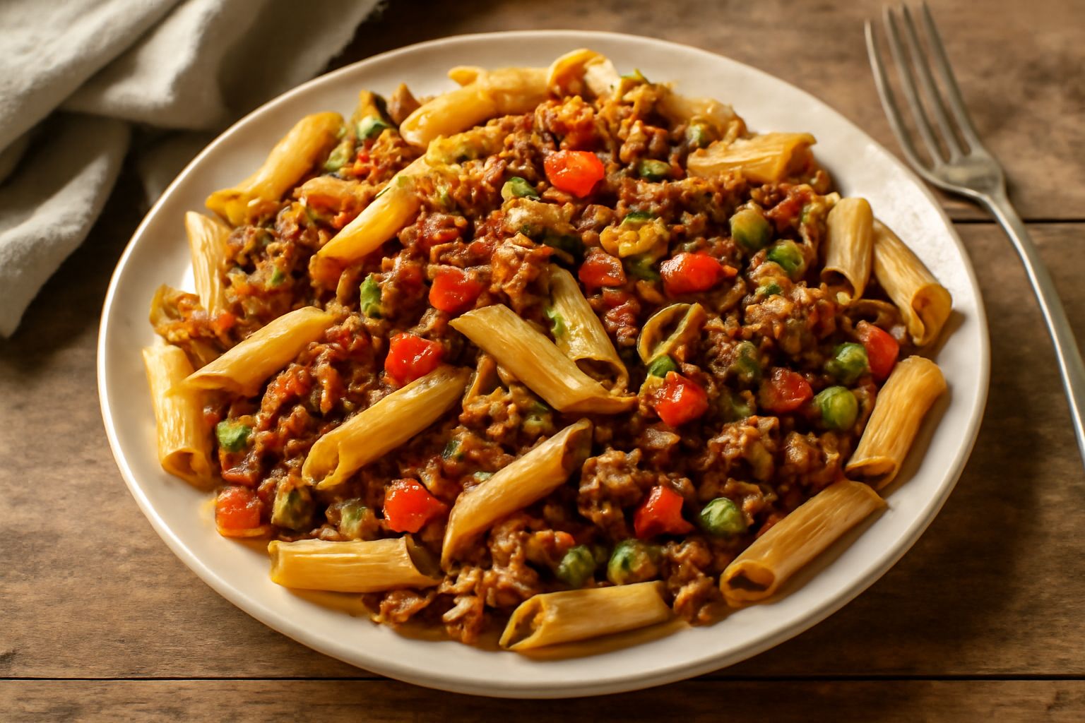 Ciotola di pasta rigatoni fredda con ragù di carne macinata, dadini di pomodoro fresco, basilico verde, olive nere tagliate e fette sottili di formaggio parmigiano, in un piatto bianco con contorno di