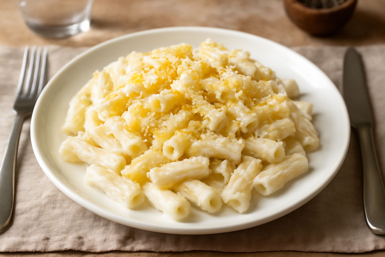 Piatto di pasta fredda bianca e gialla, condita con scaglie sottili di formaggio grattugiato e pepe nero, decorata con foglie di menta fresca, in un piatto bianco ampio, con limone tagliato a metà sul