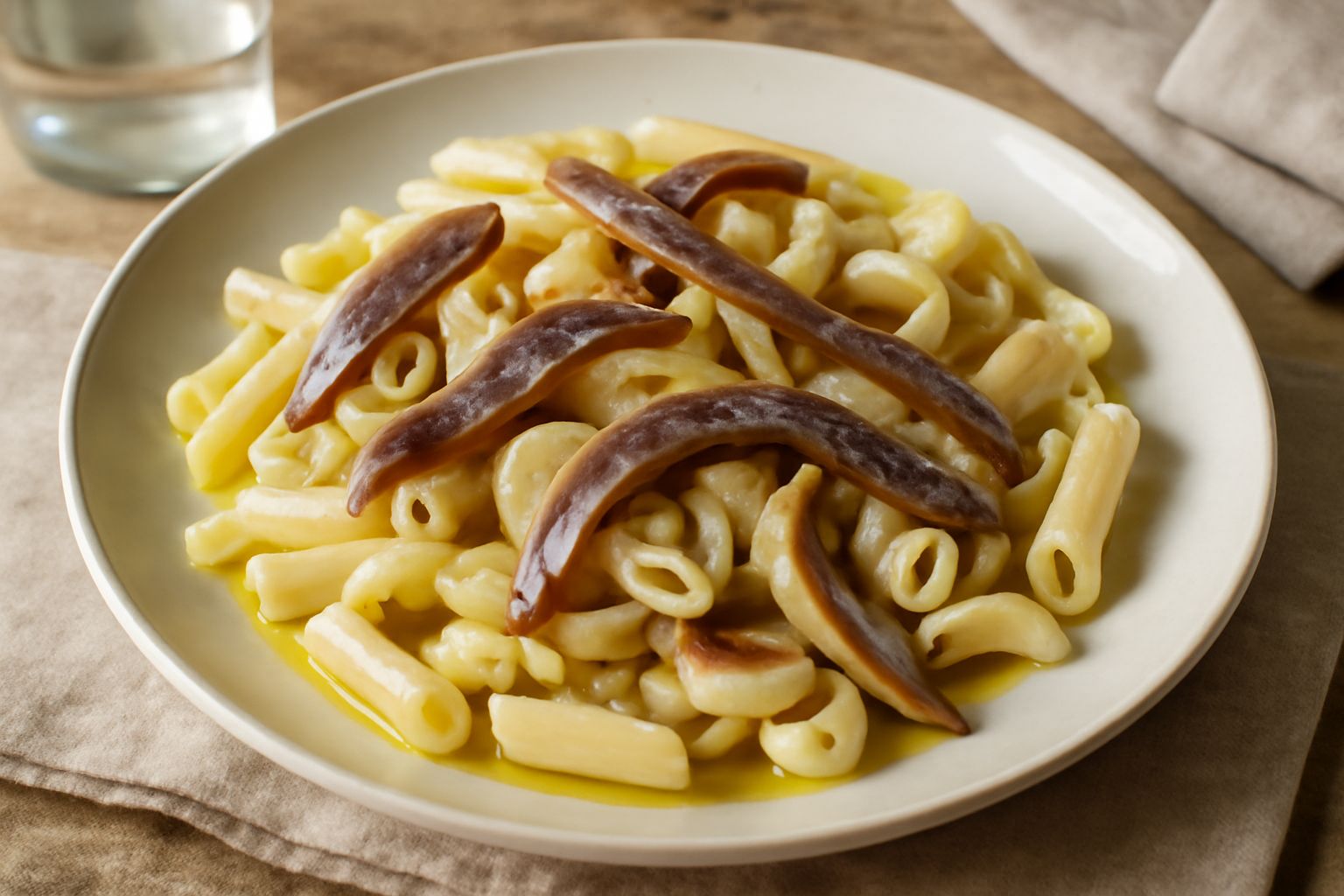 Piatto di pasta fredda con acciughe, fusilli bicolore arricciati conditi con filetti di acciughe, olio d'oliva lucido, prezzemolo fresco tritato e pomodorini rossi tagliati a metà, servito in un piatt