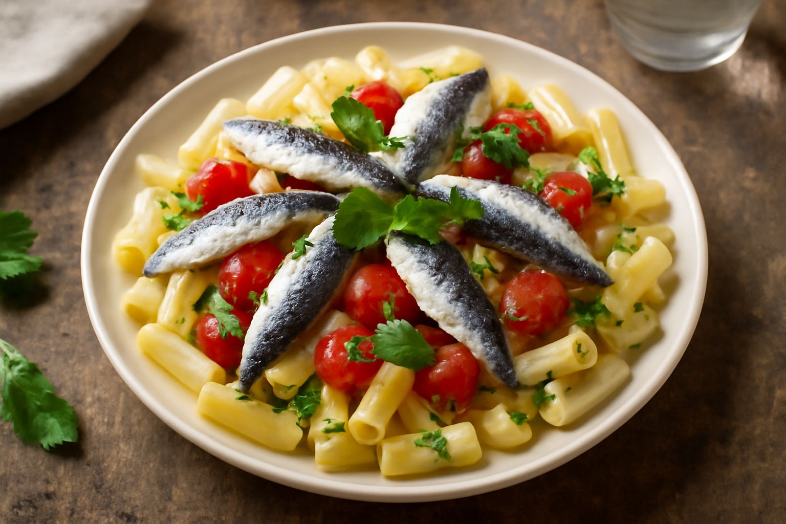 Piatto di pasta fredda con sarde: fusilli o penne gialli conditi con filetti di sardina argentei, pomodorini rossi tagliati a metà, foglie di menta verde brillante, prezzemolo fresco tritato, impiatta