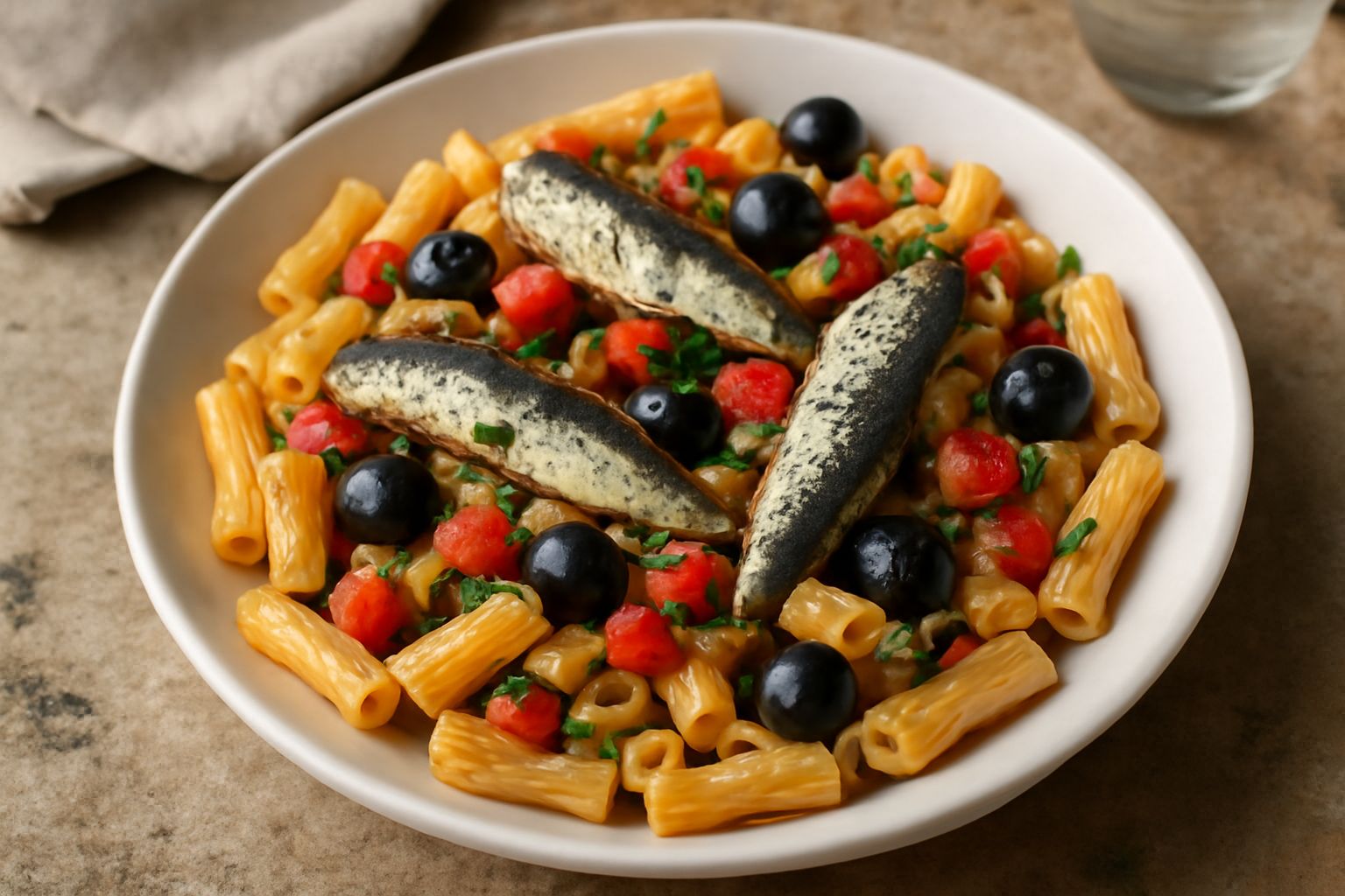 Insalata di pasta fredda con sardine intere grigio-argentate, pomodori rossi a dadini, olive nere, e filetti di prezzemolo fresco su un piatto bianco. Sfondo neutro con olio d'oliva e ingredienti crud