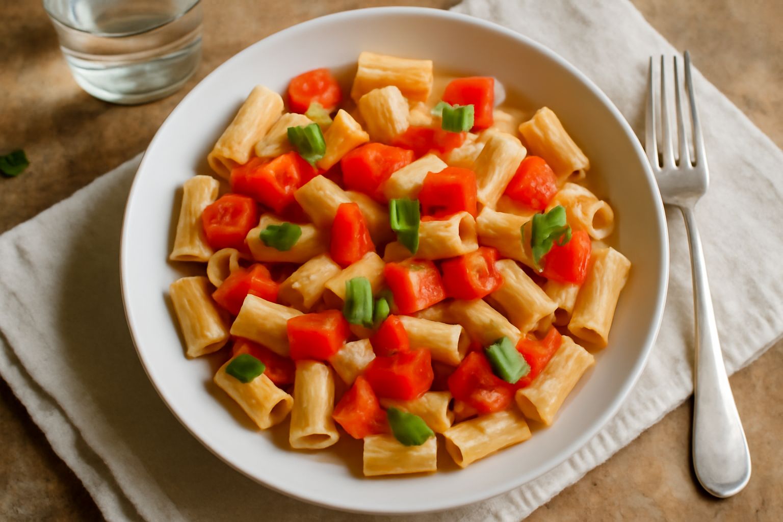 Piatto di pasta fredda con pomodori rossi a dadini, olio brillante in superficie, basilico fresco sparso sopra, in un piatto bianco su tavolo di legno
