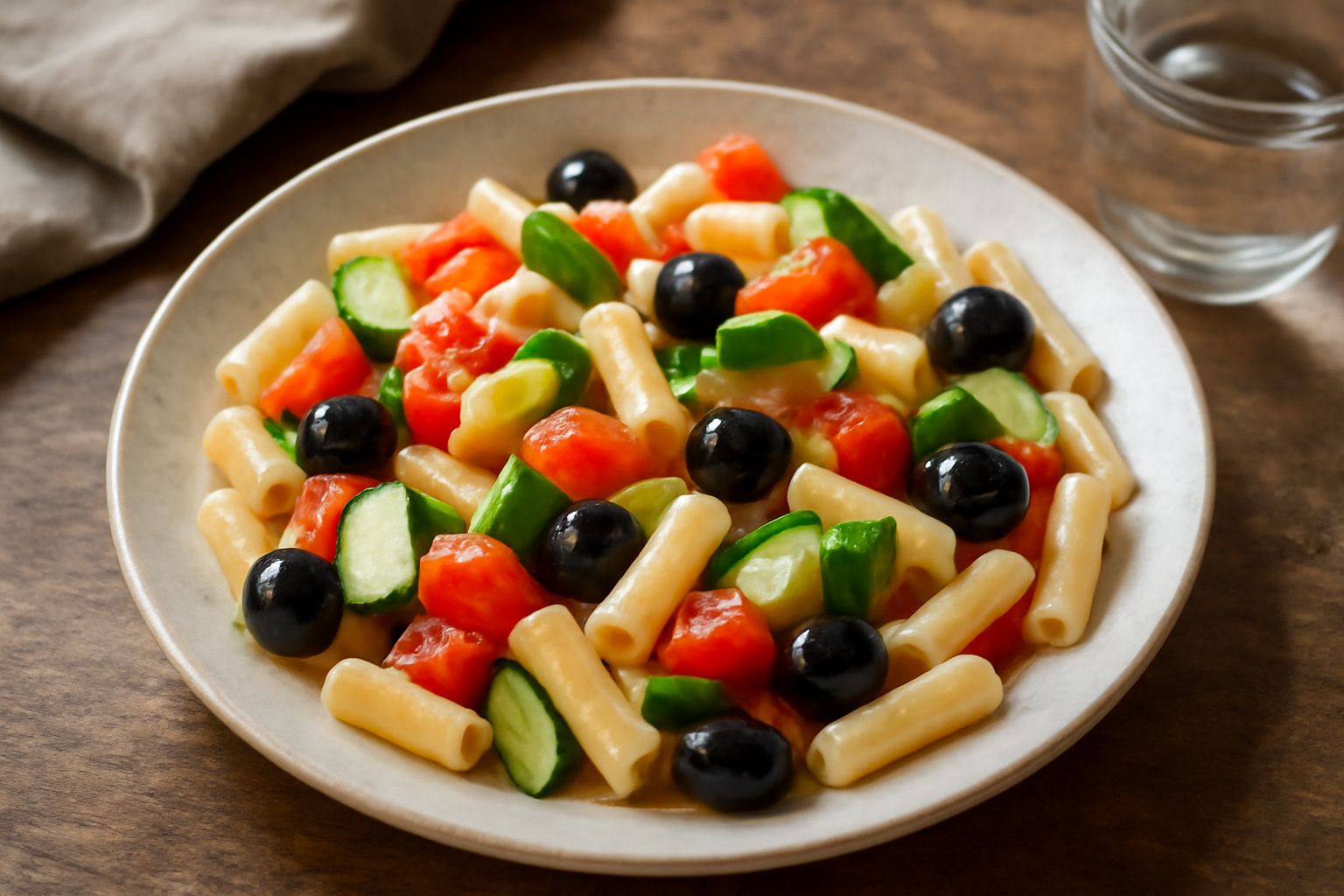 Piatto di pasta fredda con pomodori rossi, cetrioli verdi, olive nere e basilico fresco in un piatto bianco, condita con olio giallo dorato e limone a fette
