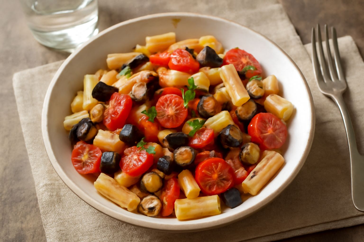 Ciotola di pasta fredda con fusilli o ditali di colore giallo paglierino, melanzane viola tagliate a pezzi croccanti, pomodori rossi, aglio bianco e basilico verde fresco sparse in superficie, tutto c