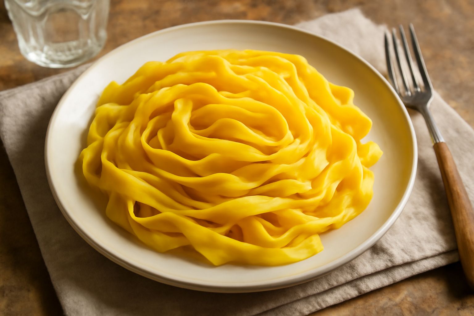 Sfoglia di pasta fresca giallo oro semitrasparente stesa su tavolo di legno bianco, con matterello affiancato e uova crude in ciotola di ceramica sullo sfondo