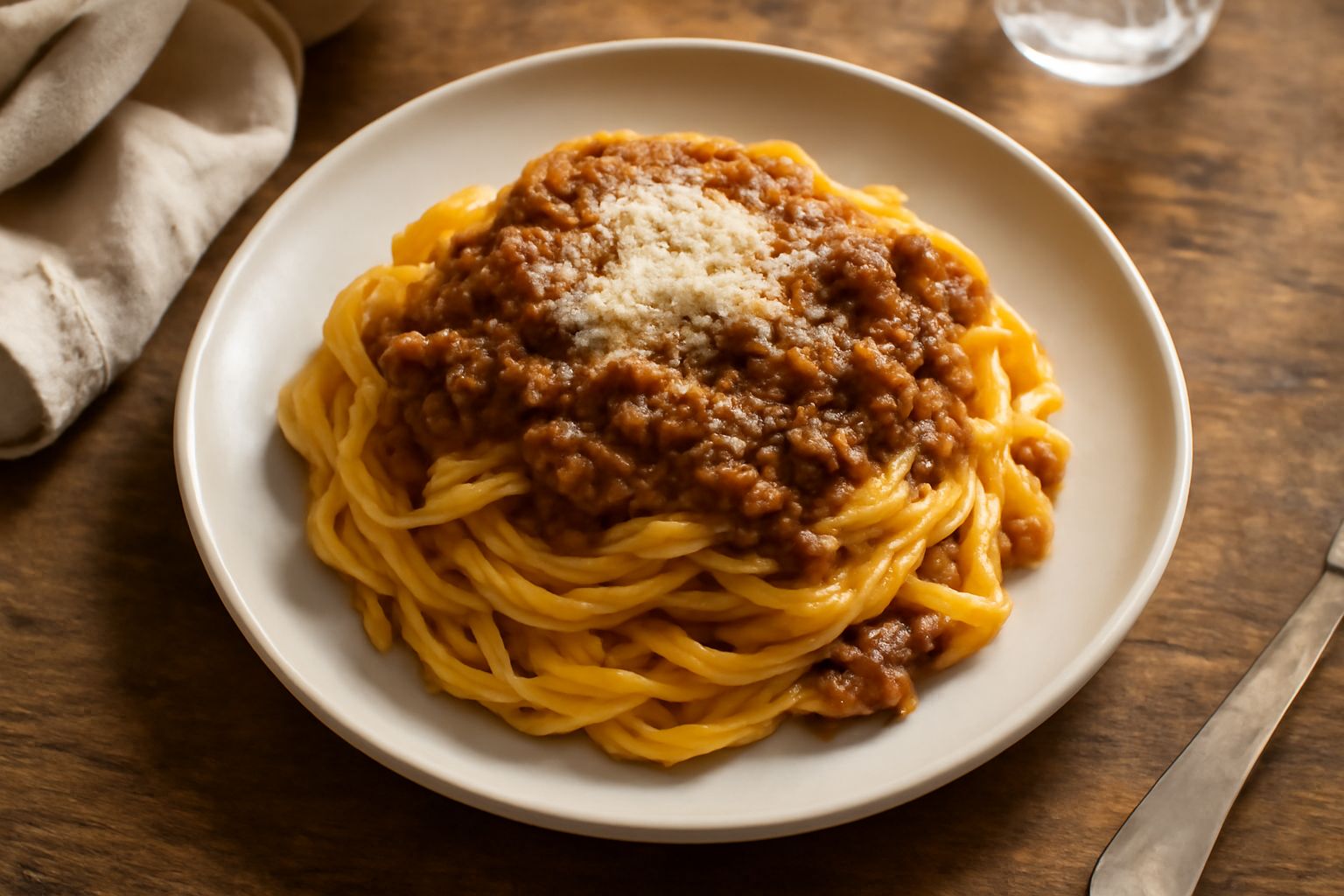 Piatto fondo con pasta fresca all'uovo di colore giallo oro ricoperta di ragù marrone scuro ricco di carne tritata, guarnito con parmigiano grattugiato bianco e foglia di prezzemolo fresco, su fondo d