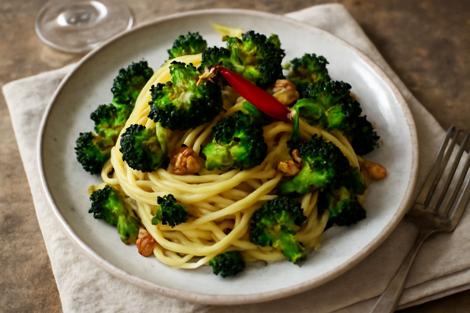 Piatto di pasta fresca ondulata con broccoli verdi dorati e croccanti sparsi sopra, gocce di olio lucido, aglio rosolato marrone, peperoncino rosso e una spolverata di parmigiano grattugiato, servito 