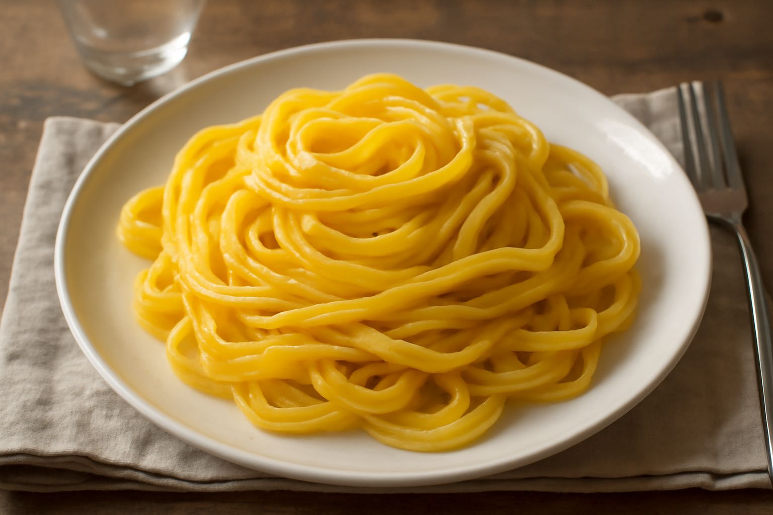Foglia di pasta fresca giallo oro con spessore uniforme su tavolo di legno bianco, polvere di farina intorno, uova ancora nel guscio e matassa di sfoglia arrotolata