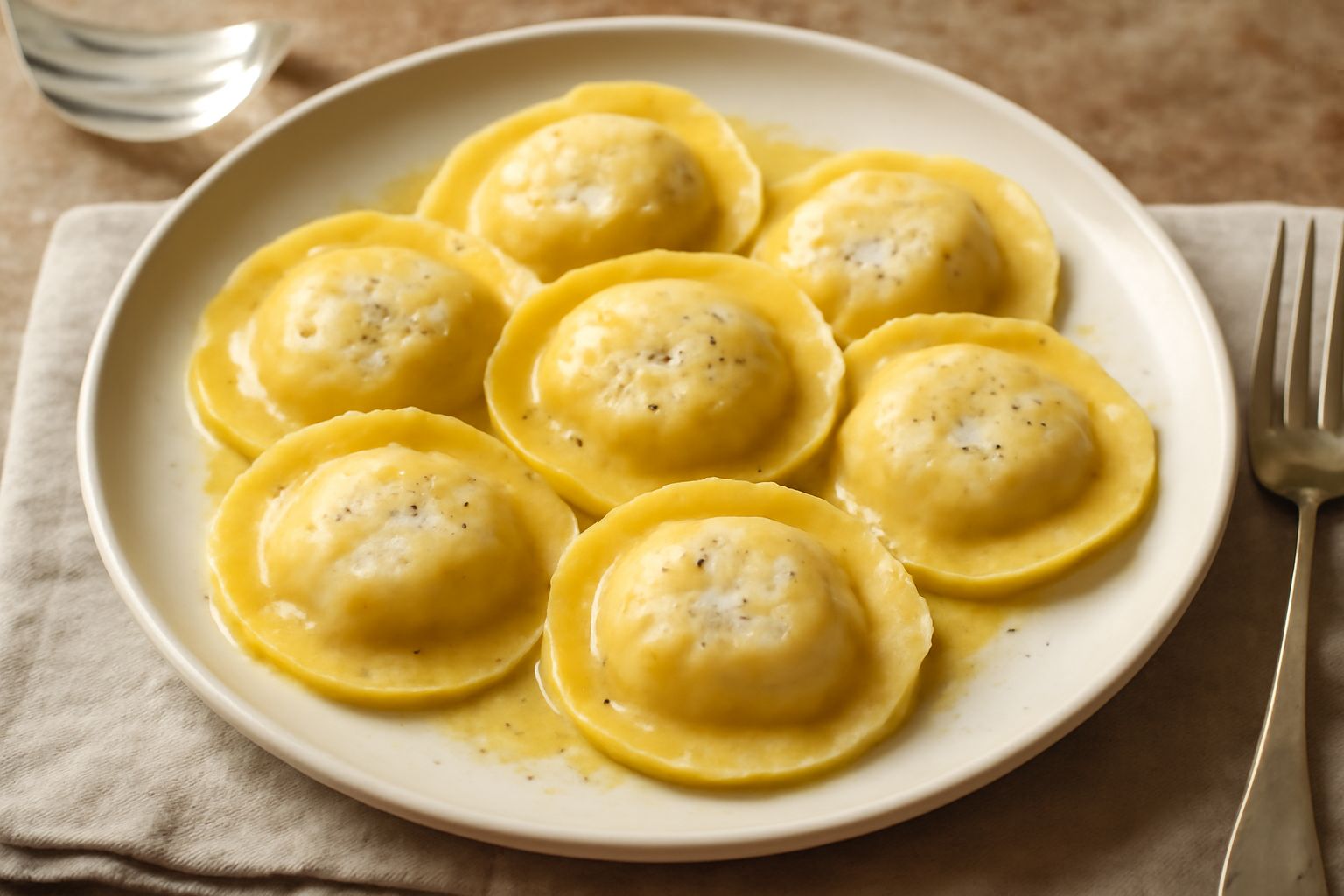Ravioli tondi e quadrati di pasta fresca giallo pallido ripieni di ricotta, disposti in un piatto bianco con burro fuso e salvia, spolverati di parmigiano grattugiato