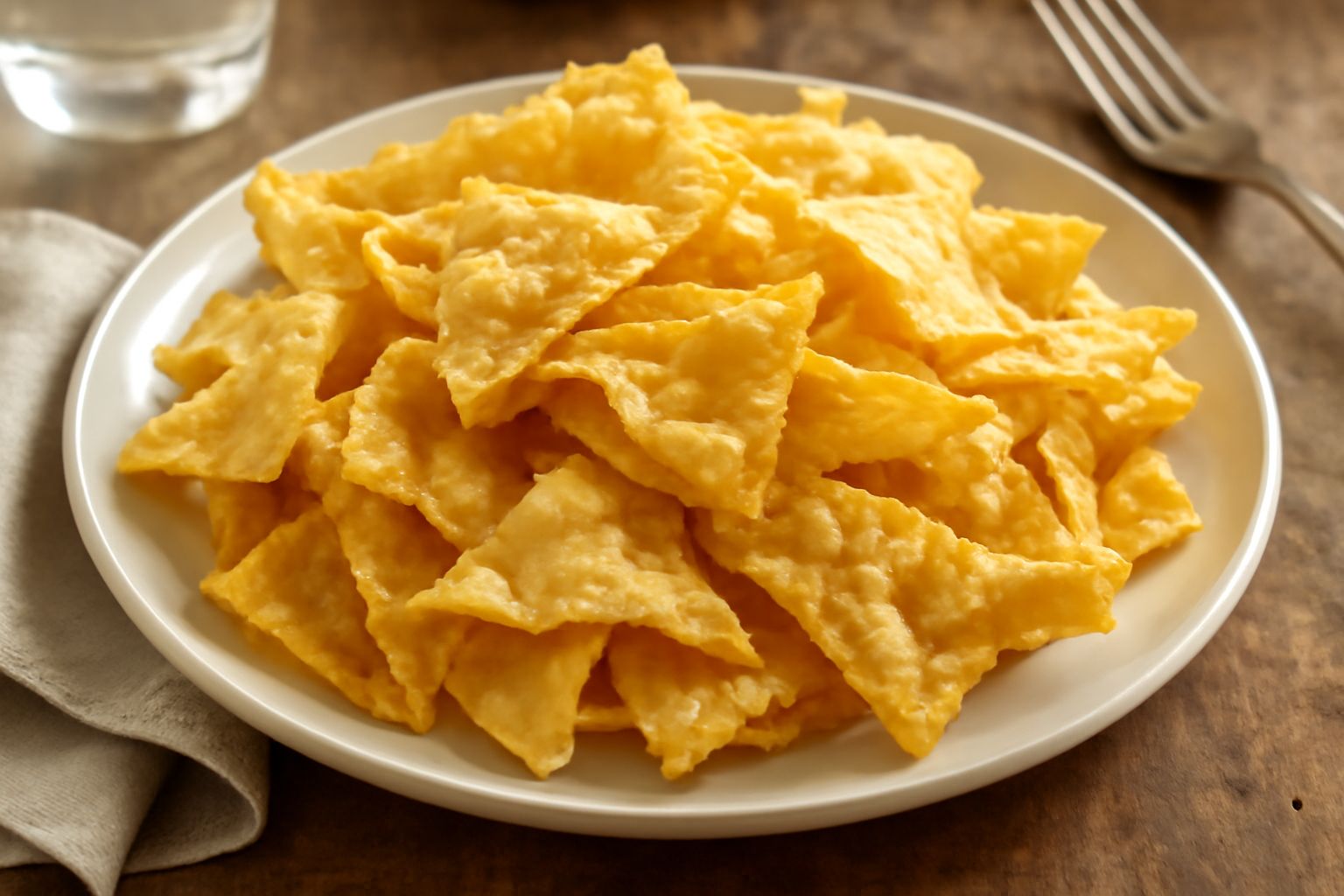Pasta fritta dorata e croccante ammucchiata su un piatto bianco, spruzzata di sale fino, con superficie brillante e rilievi visibili, in primo piano su sfondo sfocato