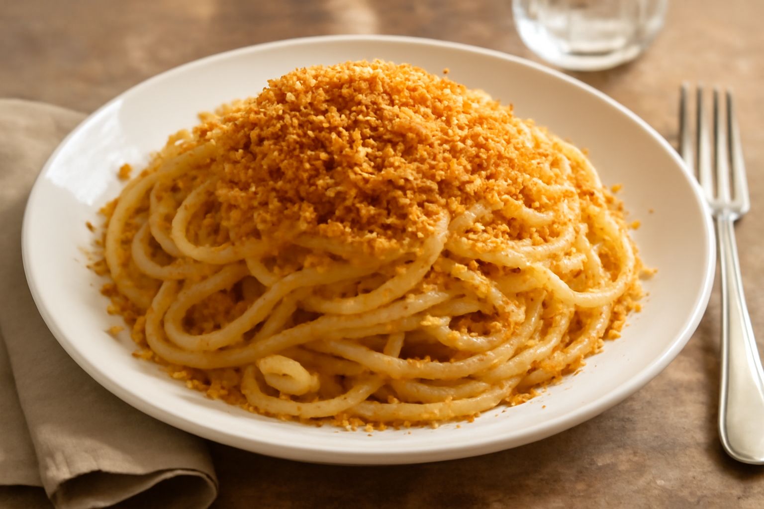 Piatto di pasta fritta con mollica d'oro croccante, spicchi d'aglio leggeri e dorati, olio che lucida la pasta, servito su un piatto bianco con bordo smerlato