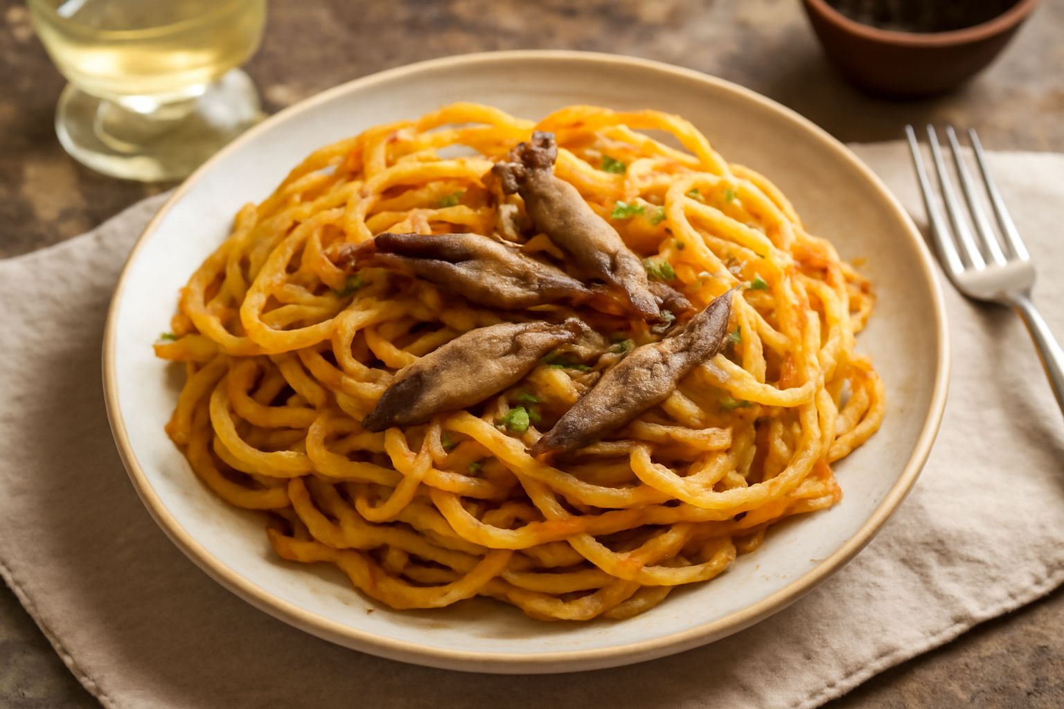 Piatto di pasta fritta dorata e croccante condita con filetti di acciuga interi, aglio sminuzzato e prezzemolo fresco, su sfondo bianco