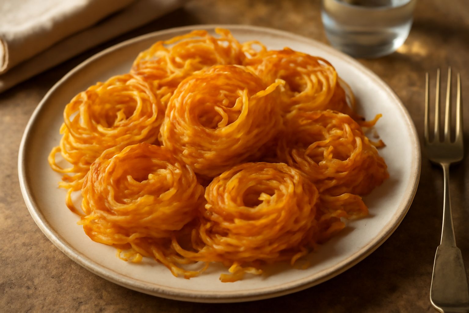 Pasta fritta dorata e croccante in un piatto bianco, sparsa di sale grosso e pepe nero, con filamenti di pasta intrecciati che sporgono dai bordi, sfondo di olio caldo in padella