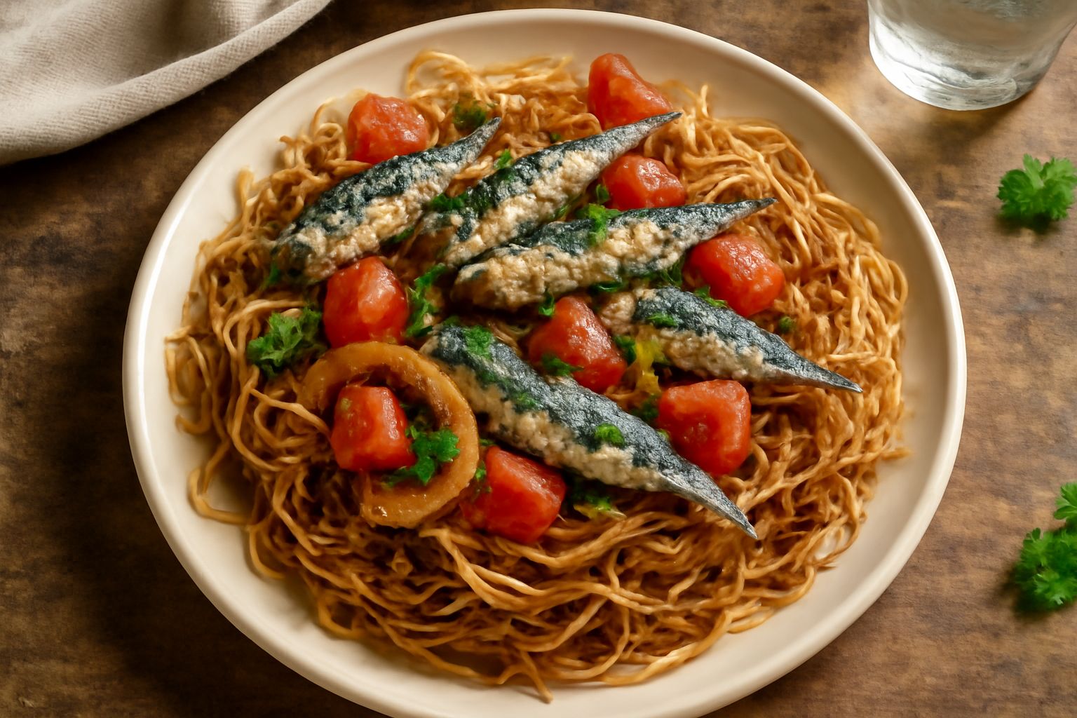 Piatto di pasta fritta dorata e croccante condita con sarde intere, pomodori rossi, cipolla bianca e prezzemolo verde, servita su fondo bianco