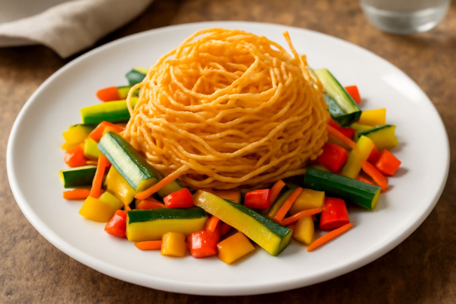 Nido di pasta fritta dorata e croccante con strisce di zucchina, carota e peperone rosso, servito in un piatto bianco con una fetta di limone sul bordo
