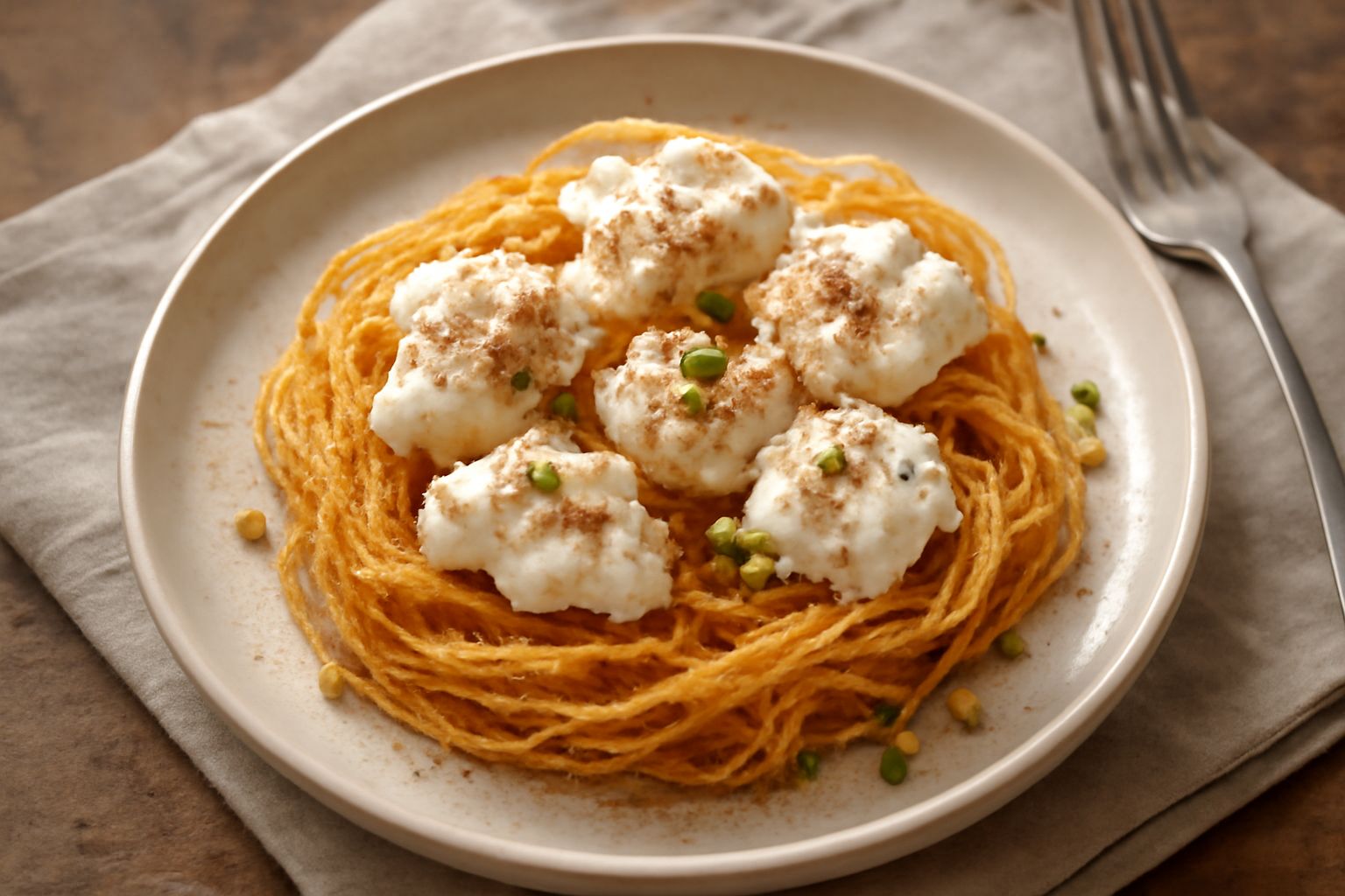 Pasta fritta color oro disposta nel piatto, cosparsa generosamente di ricotta bianca e granelli di zucchero, guarnita con cannella in polvere
