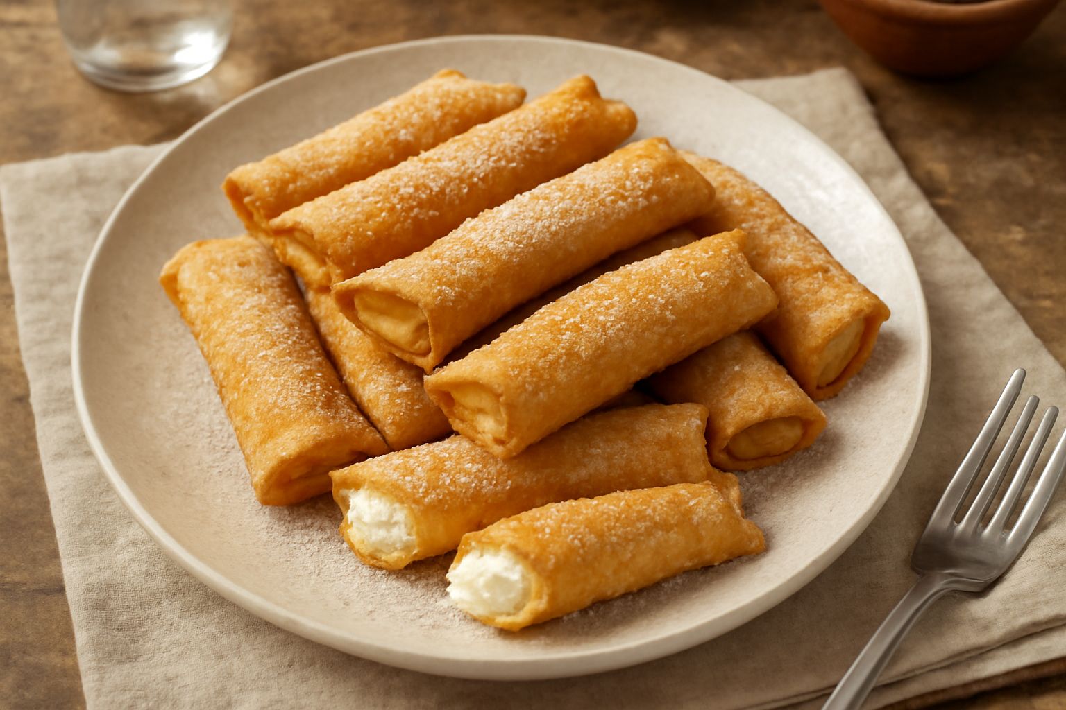 Pasta fritta cu' la ricotta appena fritta su piatto bianco, dorata e croccante, cosparsa di zucchero fine, con una coppetta di ricotta fresca accanto
