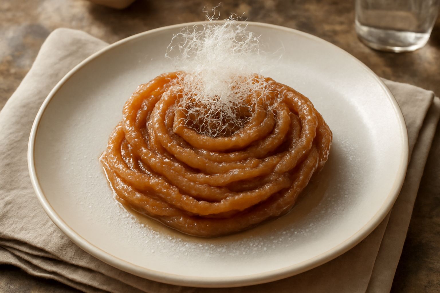 Pasta fritta ferrarese disposta a nido sul piatto bianco, ricoperta di miele scuro e zucchero semolato, guarnita con un filo di zucchero filato dorato