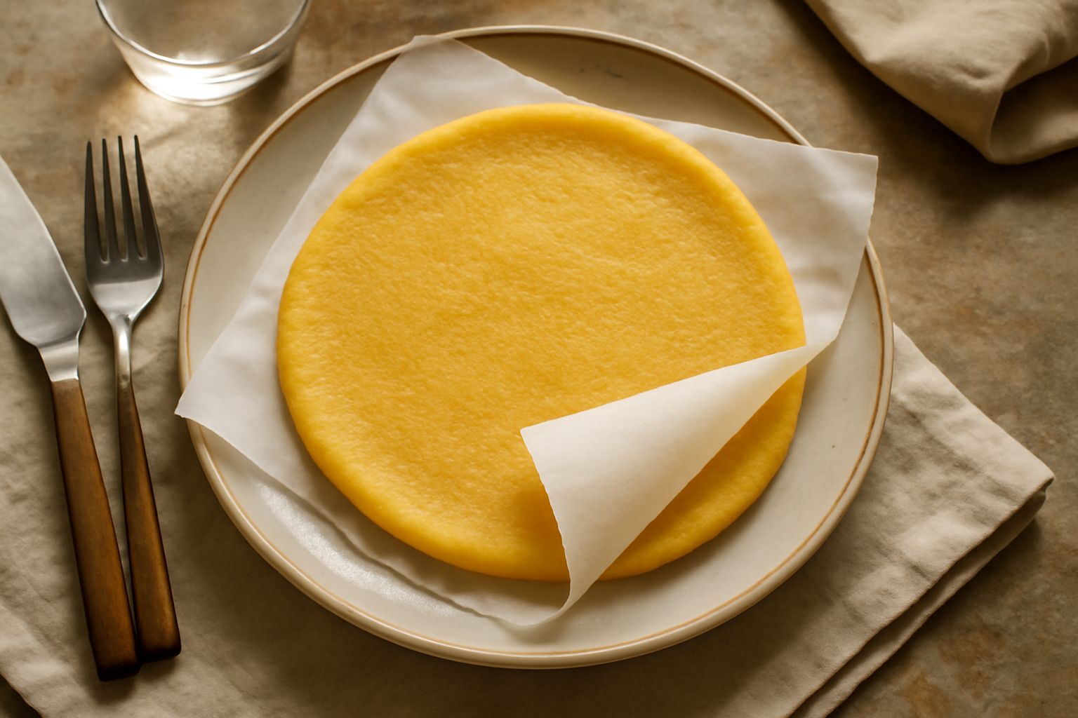 Pasta frolla salata appena sfogliata su carta da forno, colore giallo dorato, spessore uniforme mezzo centimetro, briciole di burro visibili, nessuna guarnizione