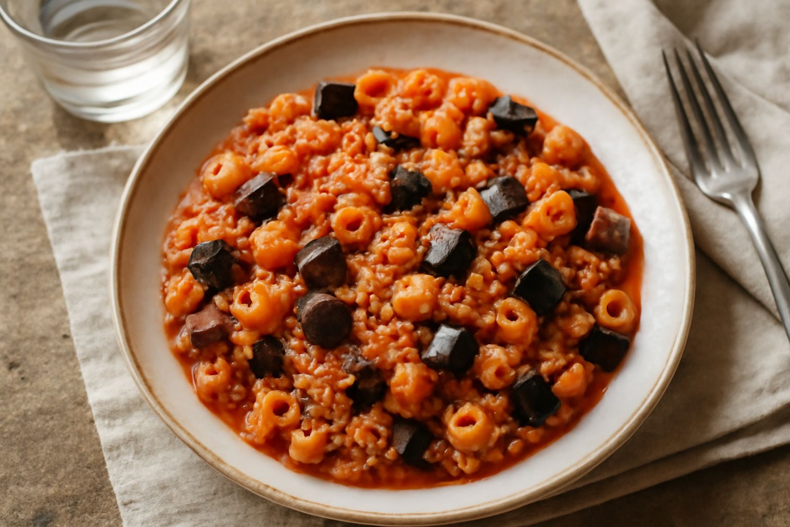 Un piatto fondo di pasta 'i riso e melanzane con melanzane viola scuro tagliate a dadini, chicchi di riso e tubetti di pasta corta in sugo di pomodoro rosso, guarnito con basilico fresco e una spolver