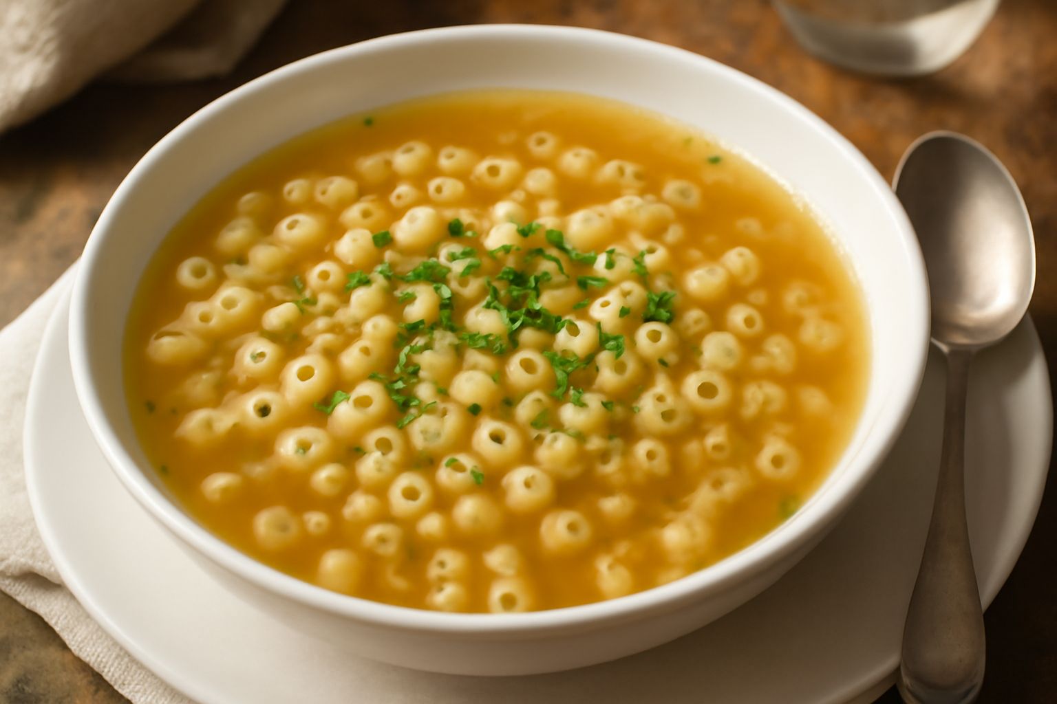 Una ciotola di ceramica bianca con pasta in brodo fumante, stelline galleggianti in un brodo dorato trasparente, foglia di prezzemolo verde sul bordo della ciotola, sfondo bianco neutro