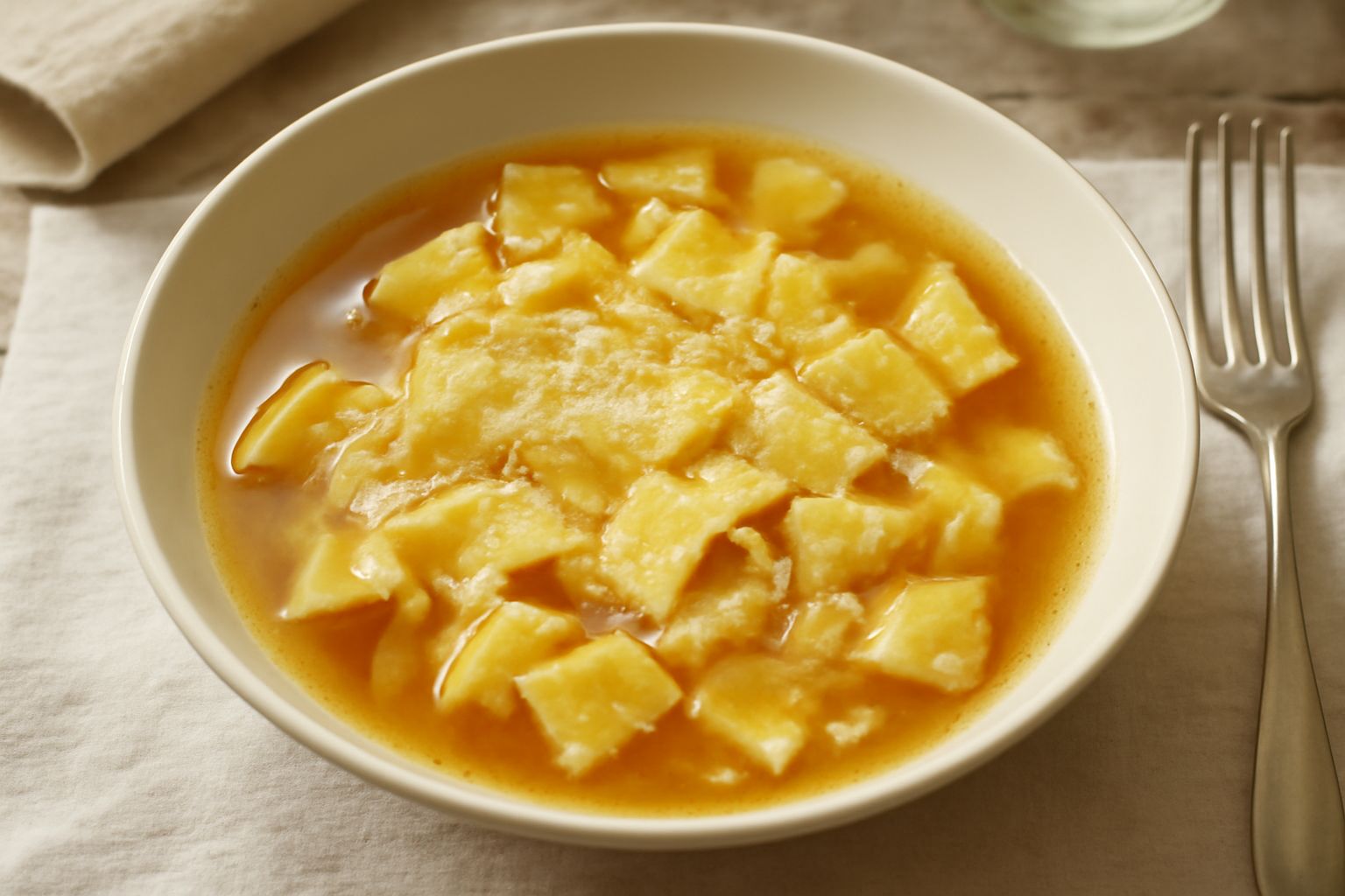 Ciotola bianca con pasta fresca in brodo caldo, pasta al dente visibile in liquido color ambra, formaggio grattugiato giallo sparse in superficie, cucchiaio di legno poggiato sul bordo