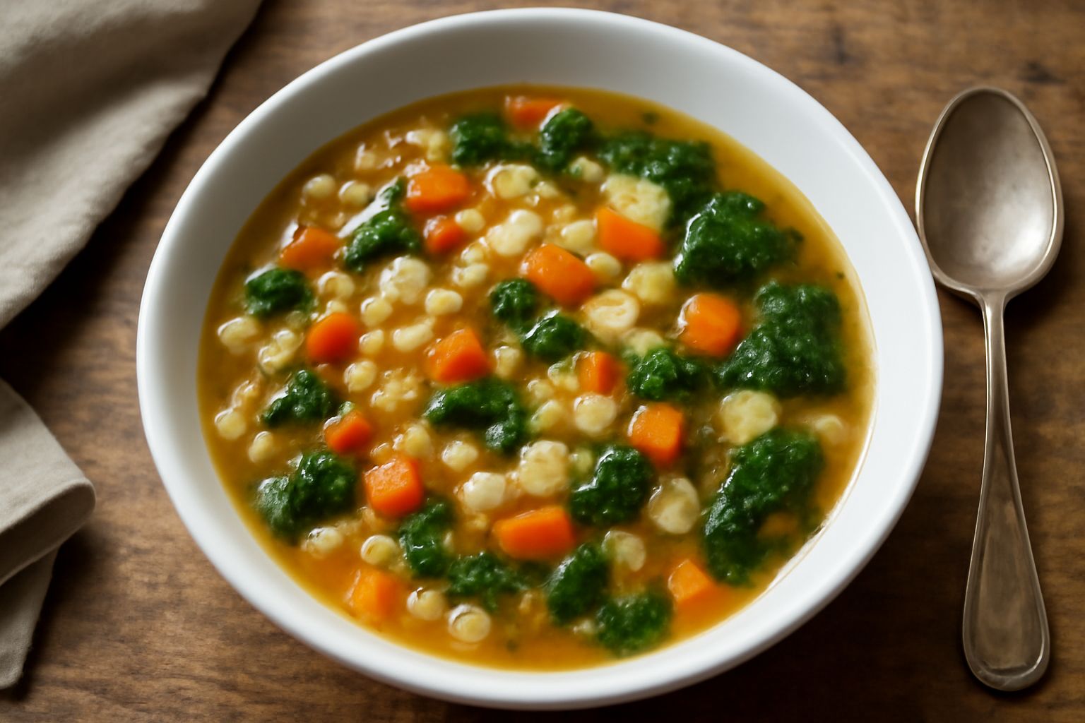 Piatto bianco fondo con pasta piccola in brodo trasparente dorato, con pezzetti di carota arancione, sedano bianco, spinaci verdi scuri, un filo di olio verde oliva in superficie, servito tiepido