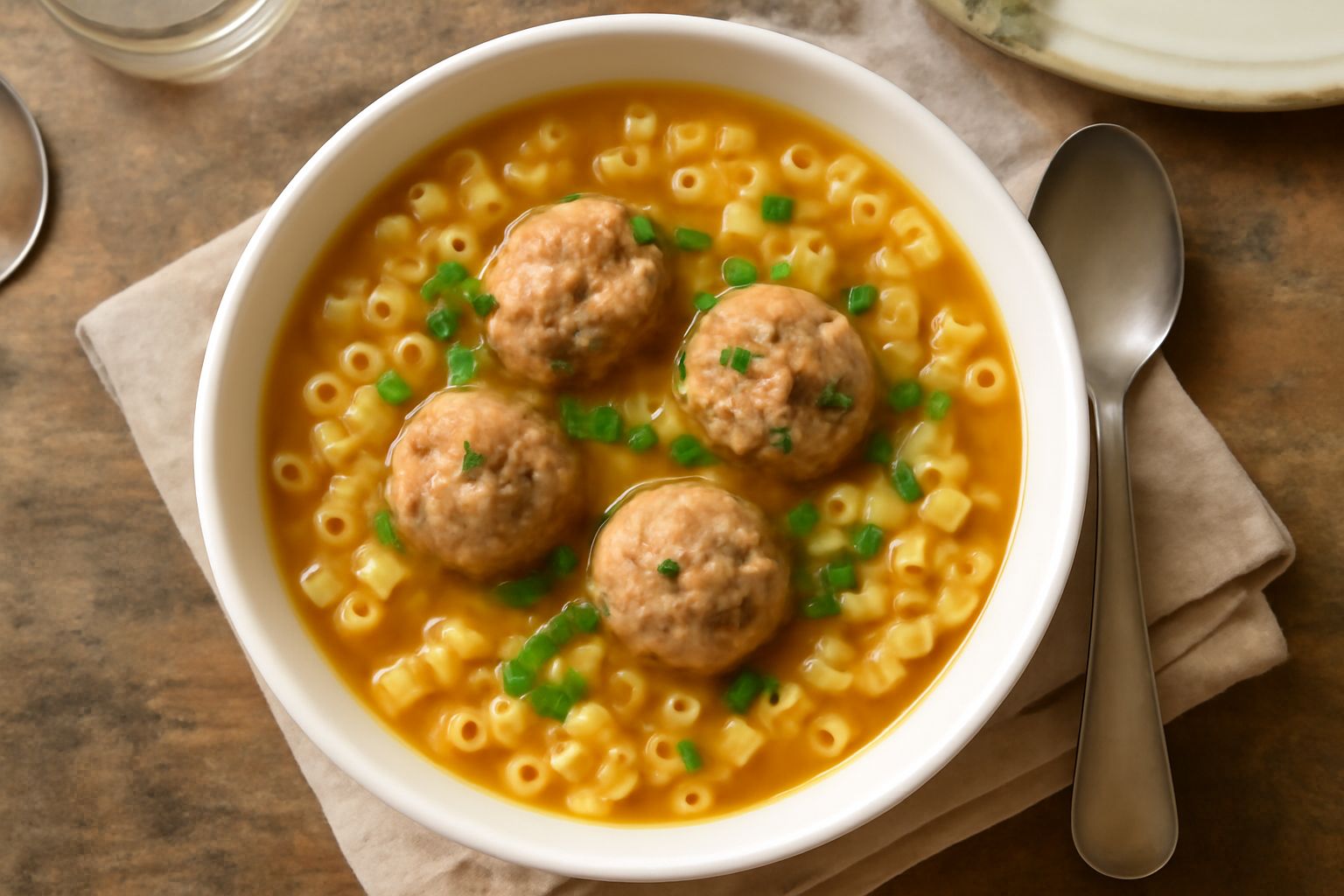 Una ciotola di ceramica bianca contenente pasta in brodo con tre polpettine morbide di carne, brodo trasparente color ambra, pasta ditalini, superficie liscia del brodo, guarnizione di prezzemolo verd