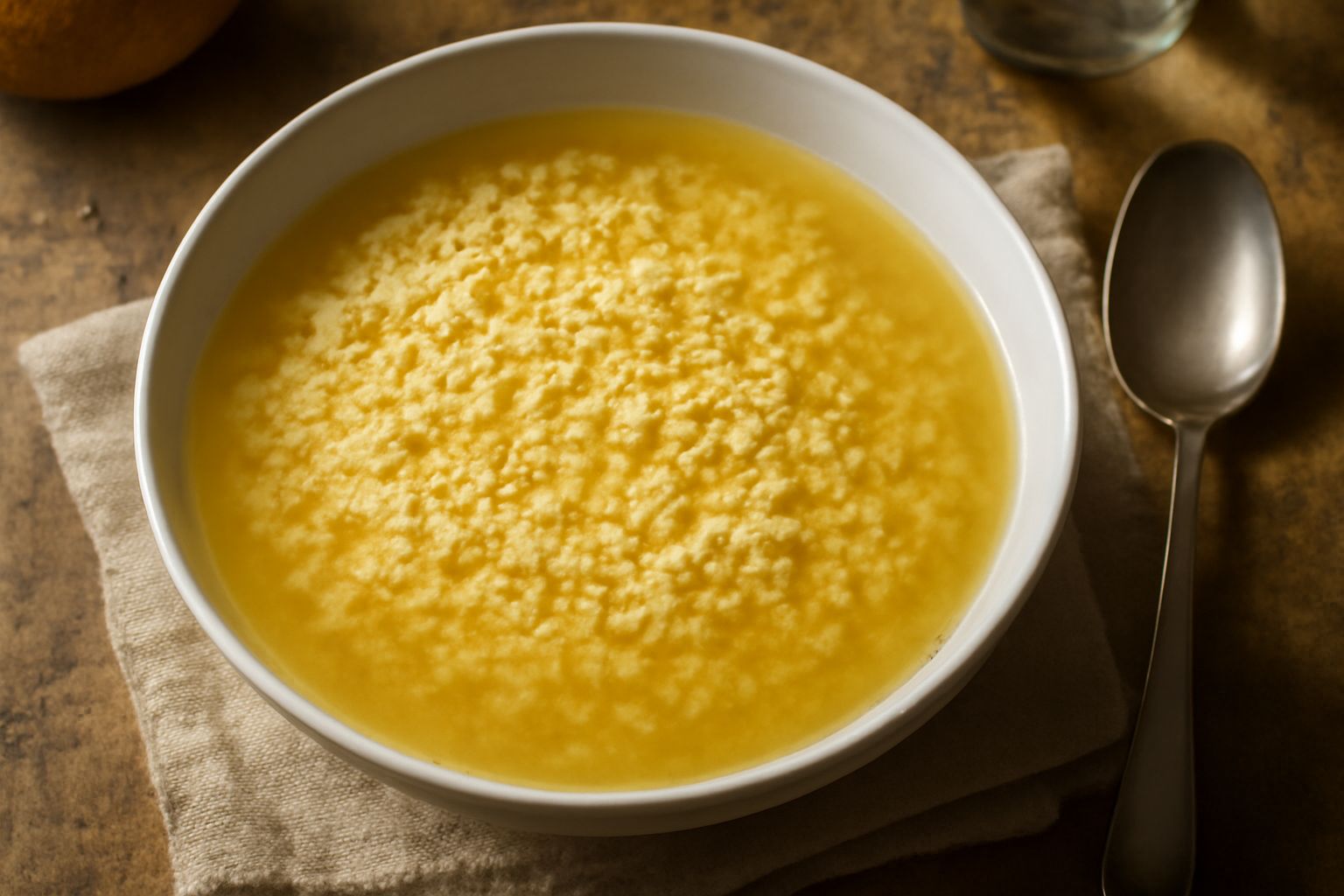 Una scodella di ceramica bianca con pasta di piccolo formato in brodo trasparente e caldo, con un filo di olio d'oliva in superficie, un cucchiaio di metallo poggiato sul bordo, sfondo neutro