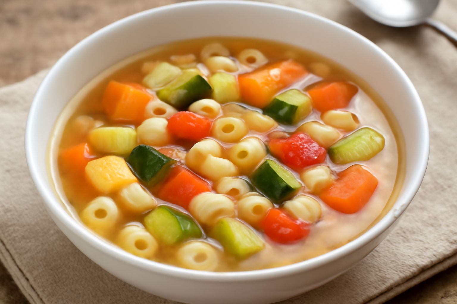 Zuppa di pasta in brodo trasparente con carote, zucchine, sedano e pomodori, pasta corta visibile nel liquido, servita in ciotola bianca su tavolo di legno