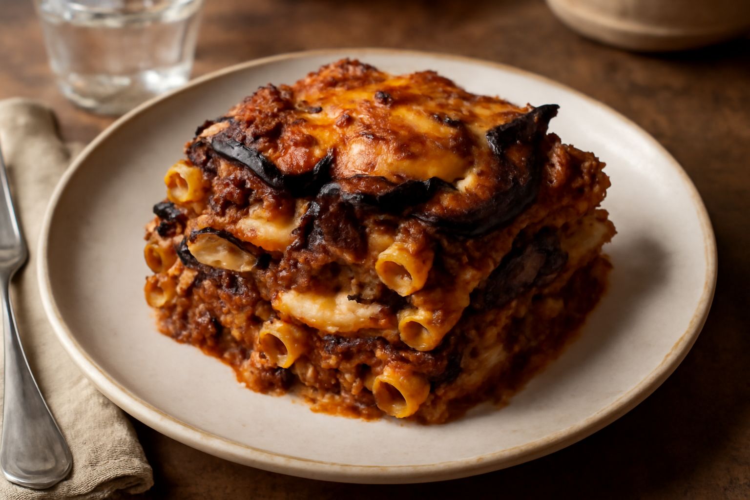 Pasta incaciata tagliata in una porzione quadrata, con ragù scuro, melanzane viola e formaggio fuso filante nella sezione trasversale, servita su piatto bianco