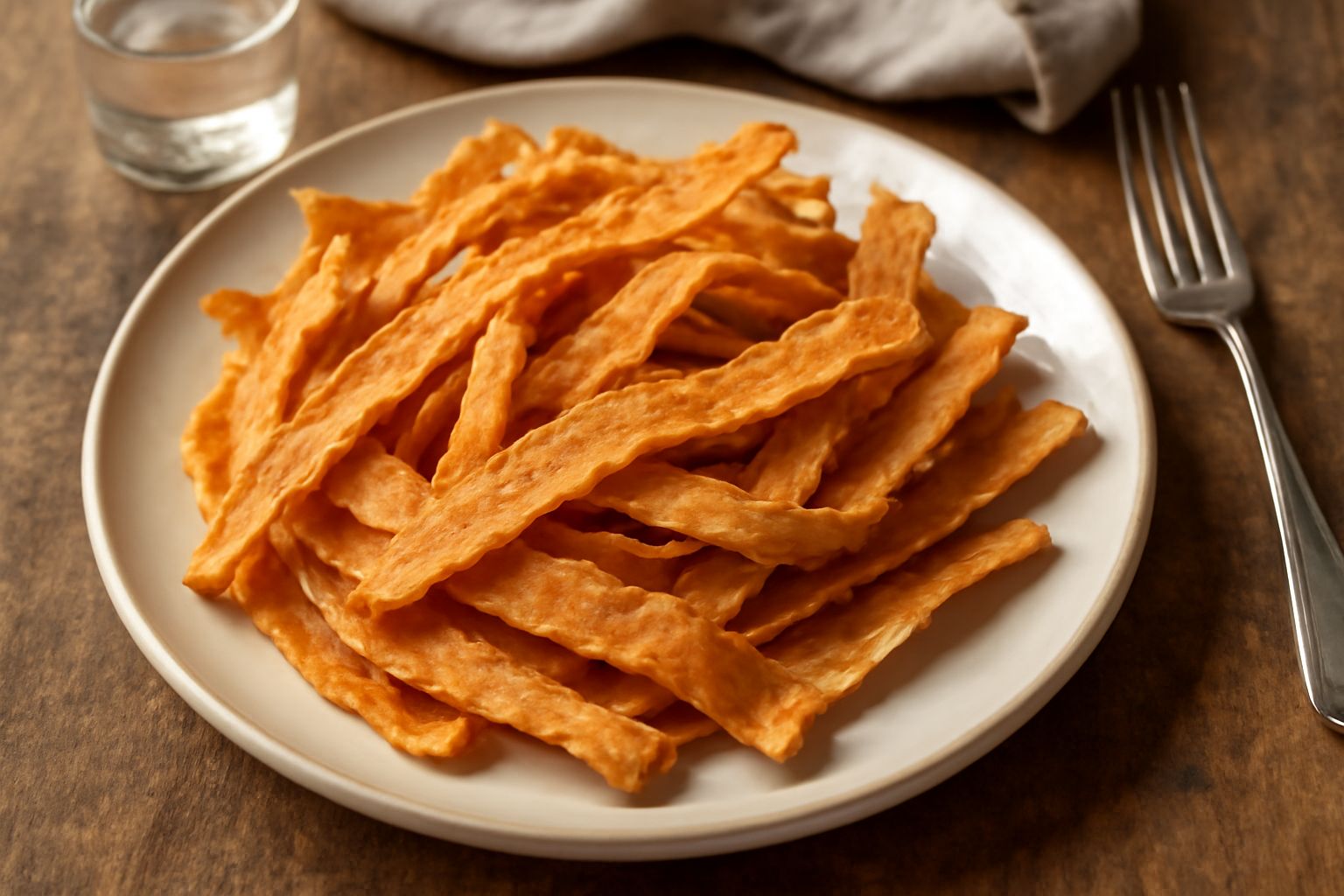Strisce di pasta matta dorate e croccanti servite su piatto bianco, con bordi sfumati color nocciola, alcune leggermente piegate, spolverizzate di zucchero fine
