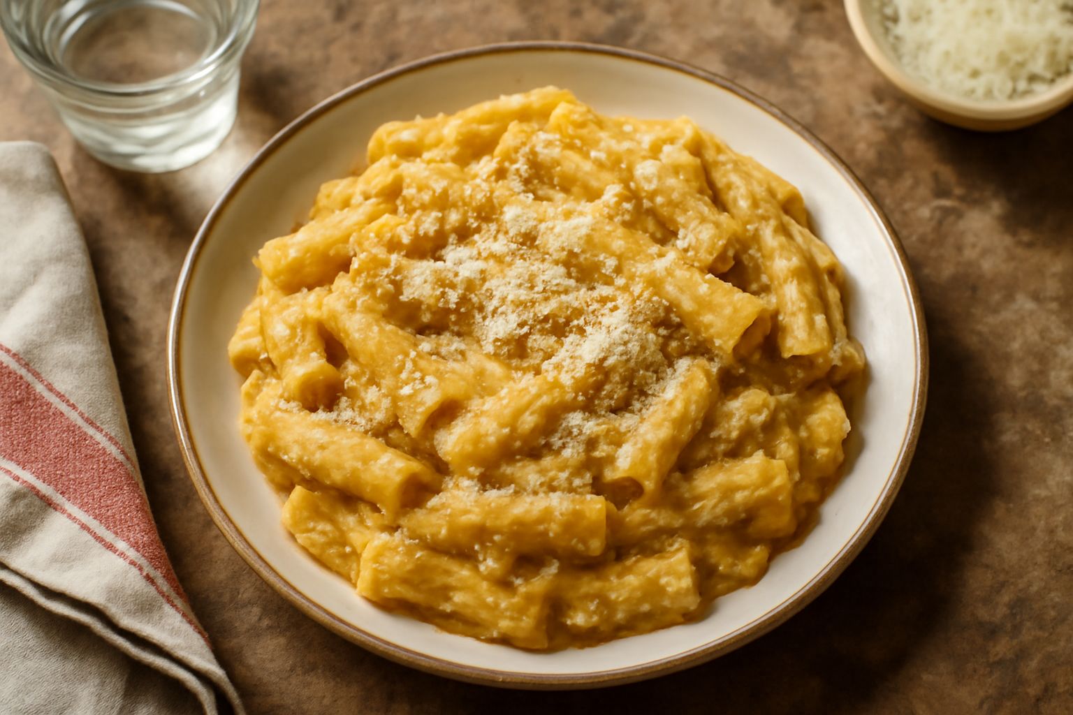 Piatto di pasta 'ncasata appena servito, con pasta gialla avvolta in salsa cremosa beige, qualche pezzo di ragù visibile, spolverato di pecorino grattugiato e gocce di olio in superficie