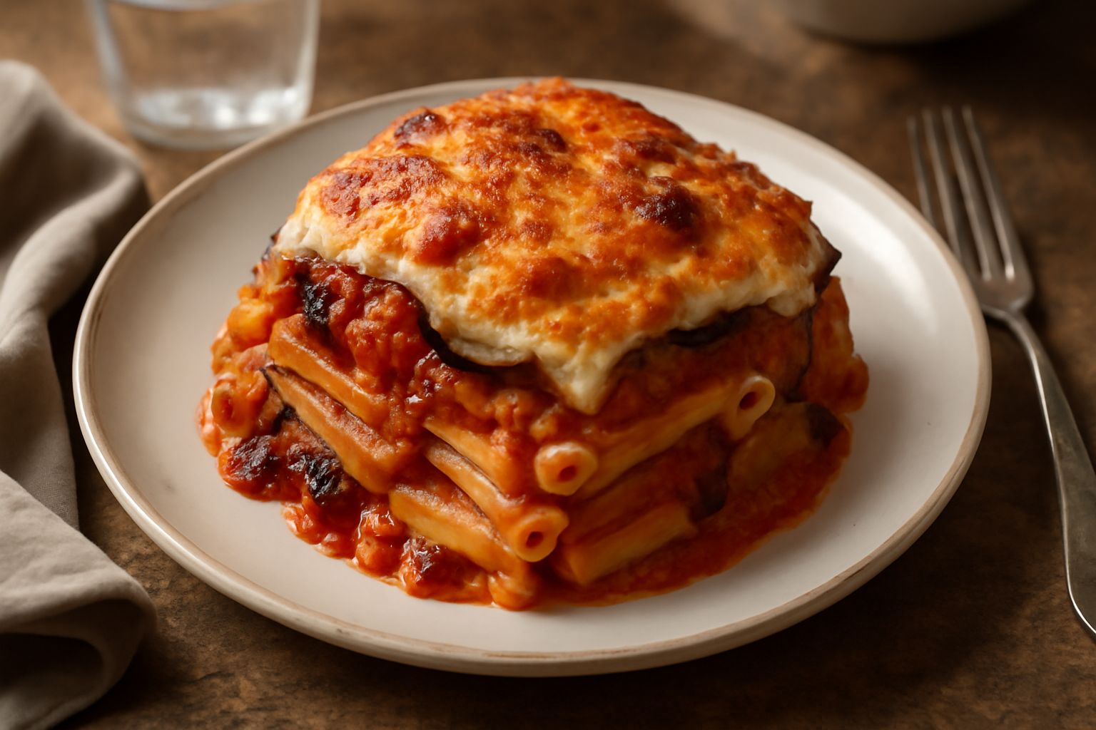 Timballo di pasta 'ncasciata al taglio, crosta dorata in superficie, interno con visibili strati di pasta bionda, ragù rosso scuro, strisce di melanzane violacee e besciamella bianca, porzione su piat