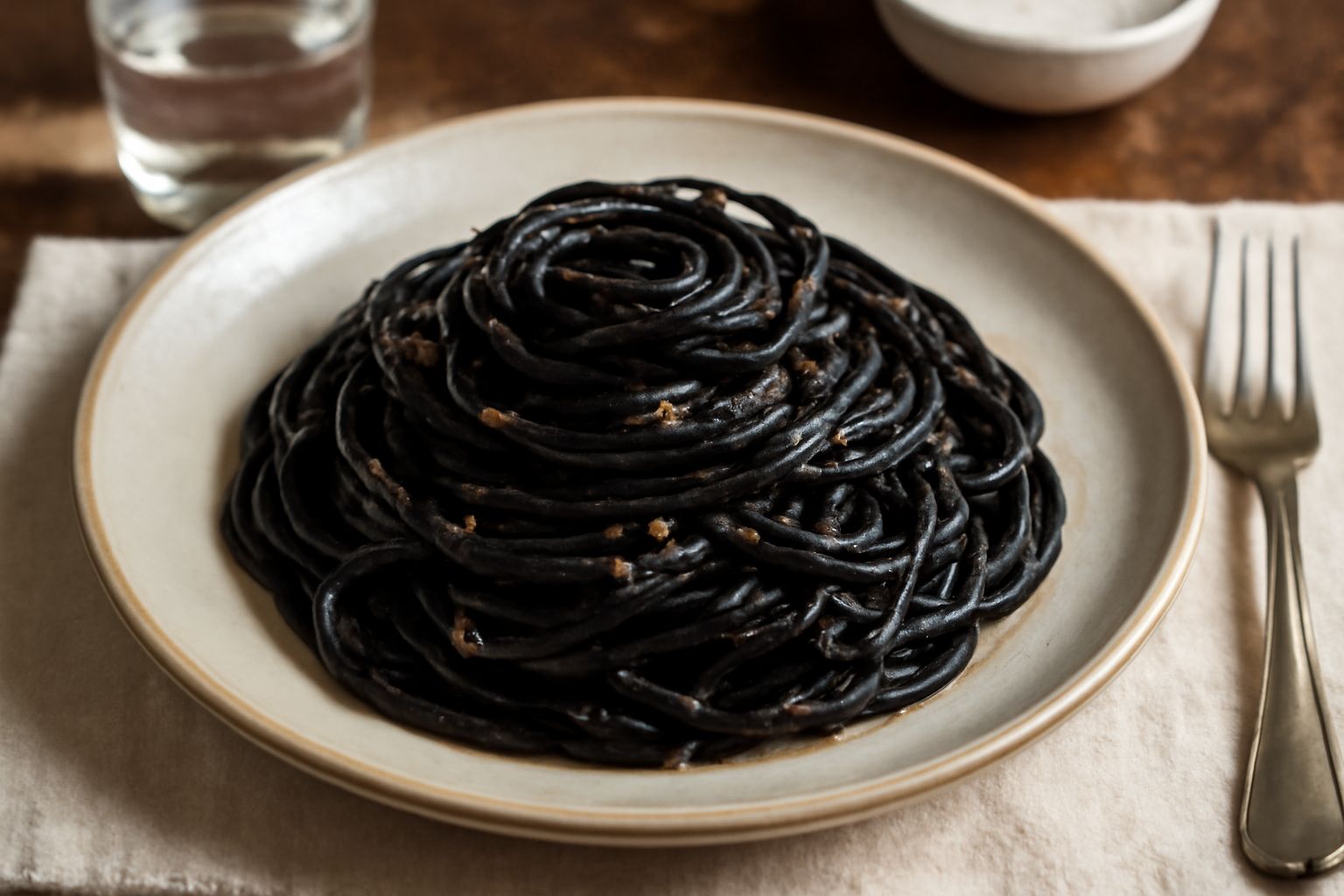 Piatto di pasta nera lucida al nero di seppia, con filo di olio extravergine, prezzemolo fresco e limone affettato, su fondo bianco